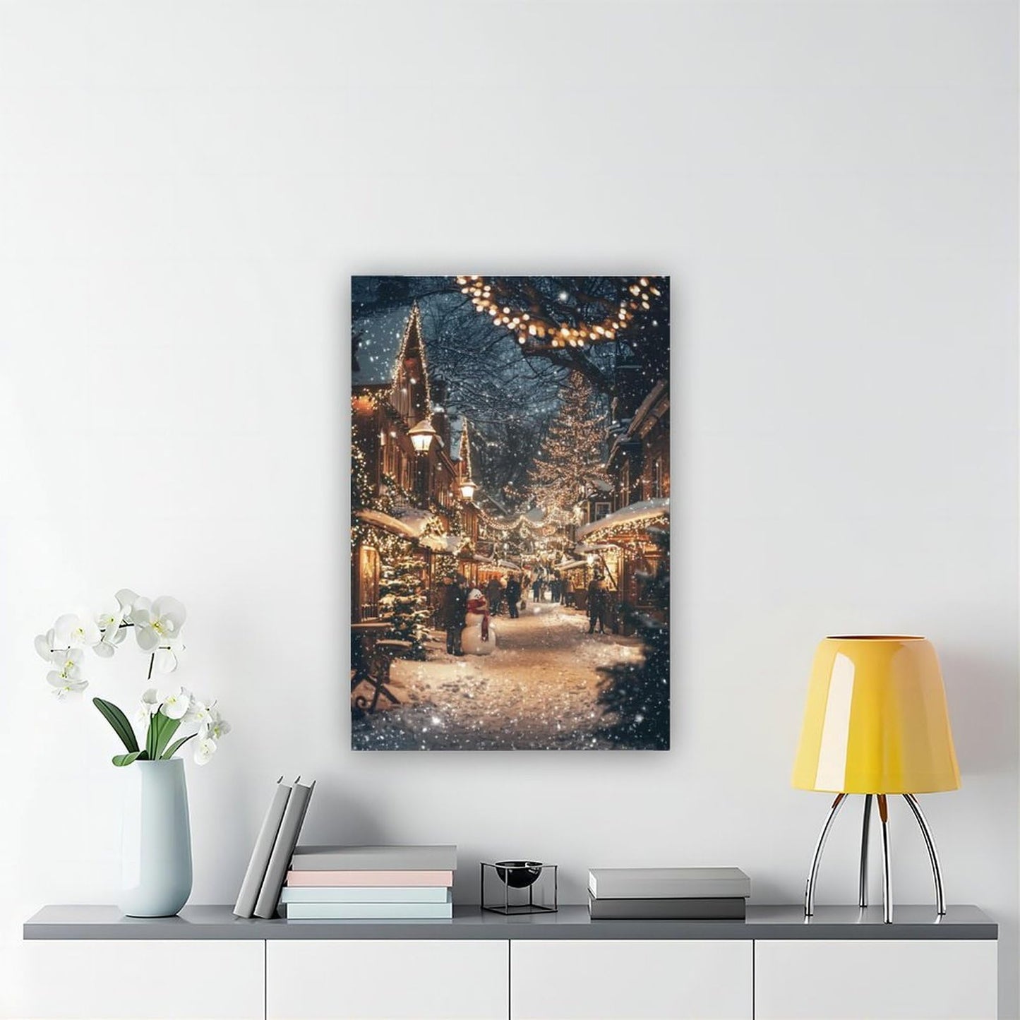 Festive Winter Town Wall Art – Snow Covered Village, Holiday Lights And People Poster Print for Teen Boys Room Wall Art Canvas Painting Print 12x18inch(30x45cm)