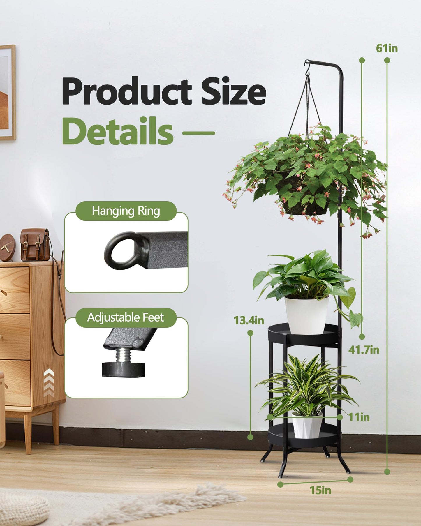 RINBOU 2Pcs Hanging Plant Stand Indoor Outdoor, Space-Saving Corner Metal Plant Shelf 3 Potted Flower Pot Stand, 2 Tier 61" Tall Modern Planter Holder for Patio Garden Balcony Living Room Bedroom