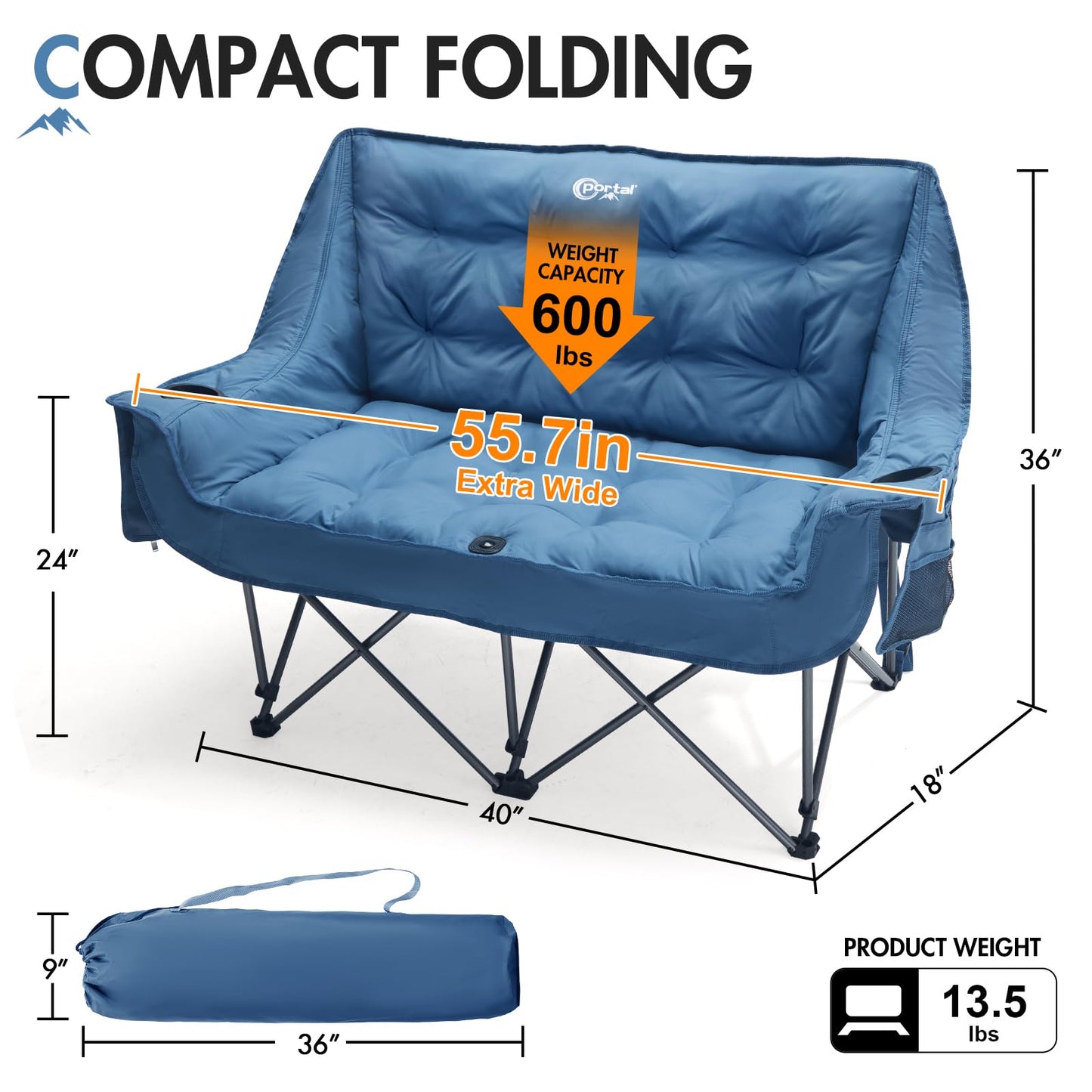 PORTAL Double Camping Chair, 2 Person Folding Loveseat for Adults, Padded Cushion Camp Lawn Love Seat with Side Pocket Portable Couch, Two Person Heavy Duty Wide Chairs with Cup Holder, 600 lbs