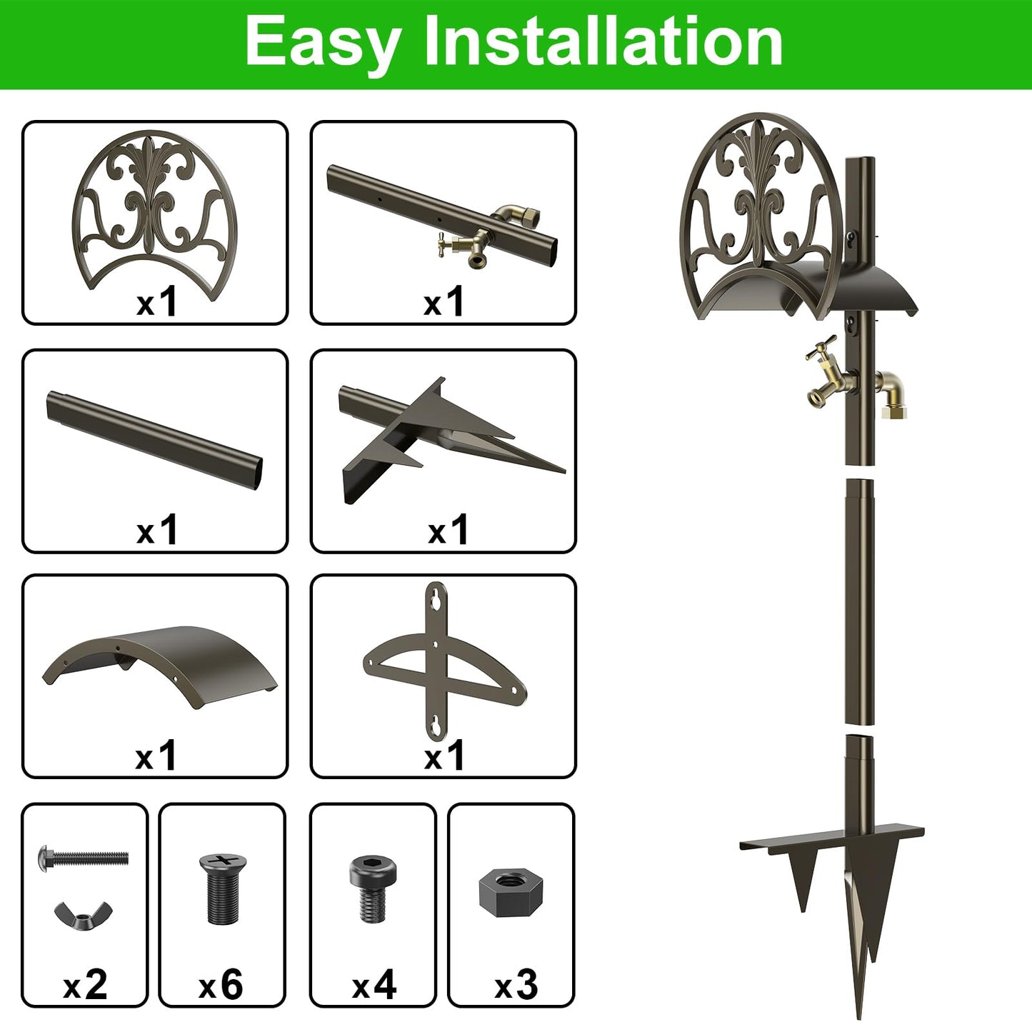 GOFORWILD Garden Hose Stand with Brass Faucet, Detachable Heavy Duty Water Hose Holder, Freestanding Metal Hose Reel Decorative Storage Hanger Holds 150-Feet Hose for Outside Patio Lawn Yard