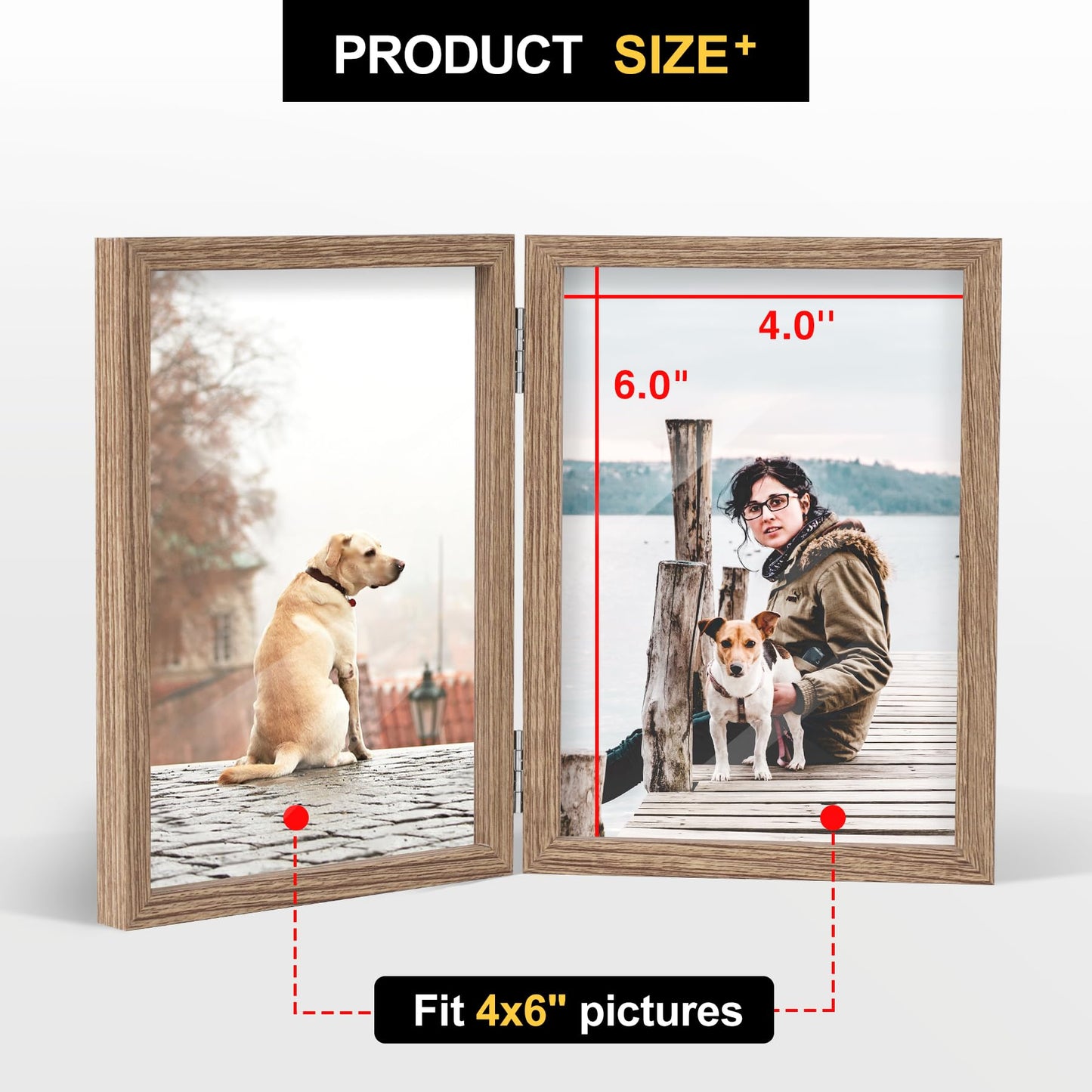 FOREV 4x6 Double Picture Frame Wooden Hinged Photo Frame Definition Glass Stand Vertically on Desktop or Tabletop