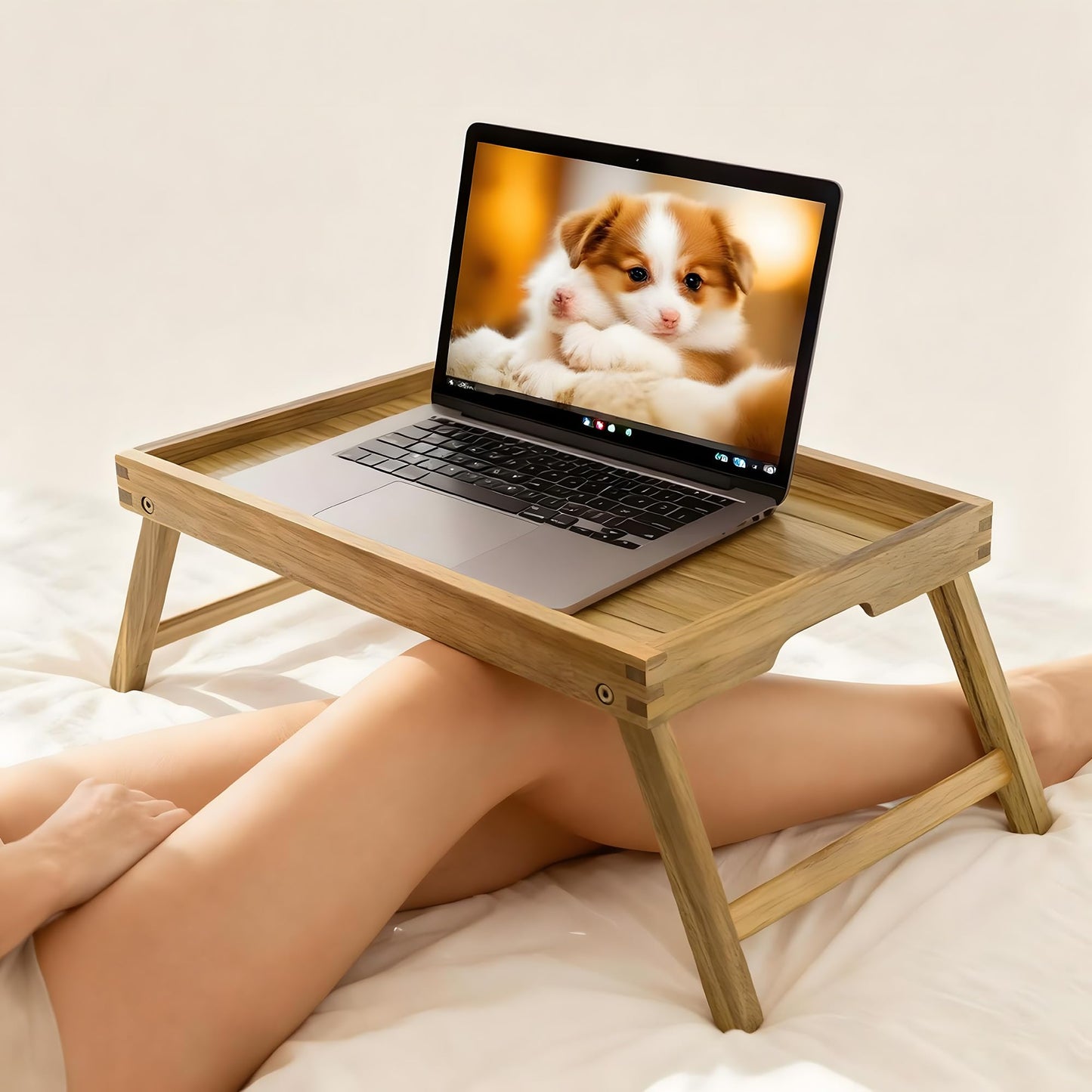 VaeFae Acacia Bed Table Tray, Wooden Breakfast Tray with Folding Legs, Bed Tray for Eating and Laptop, Eating Trays for Bedroom