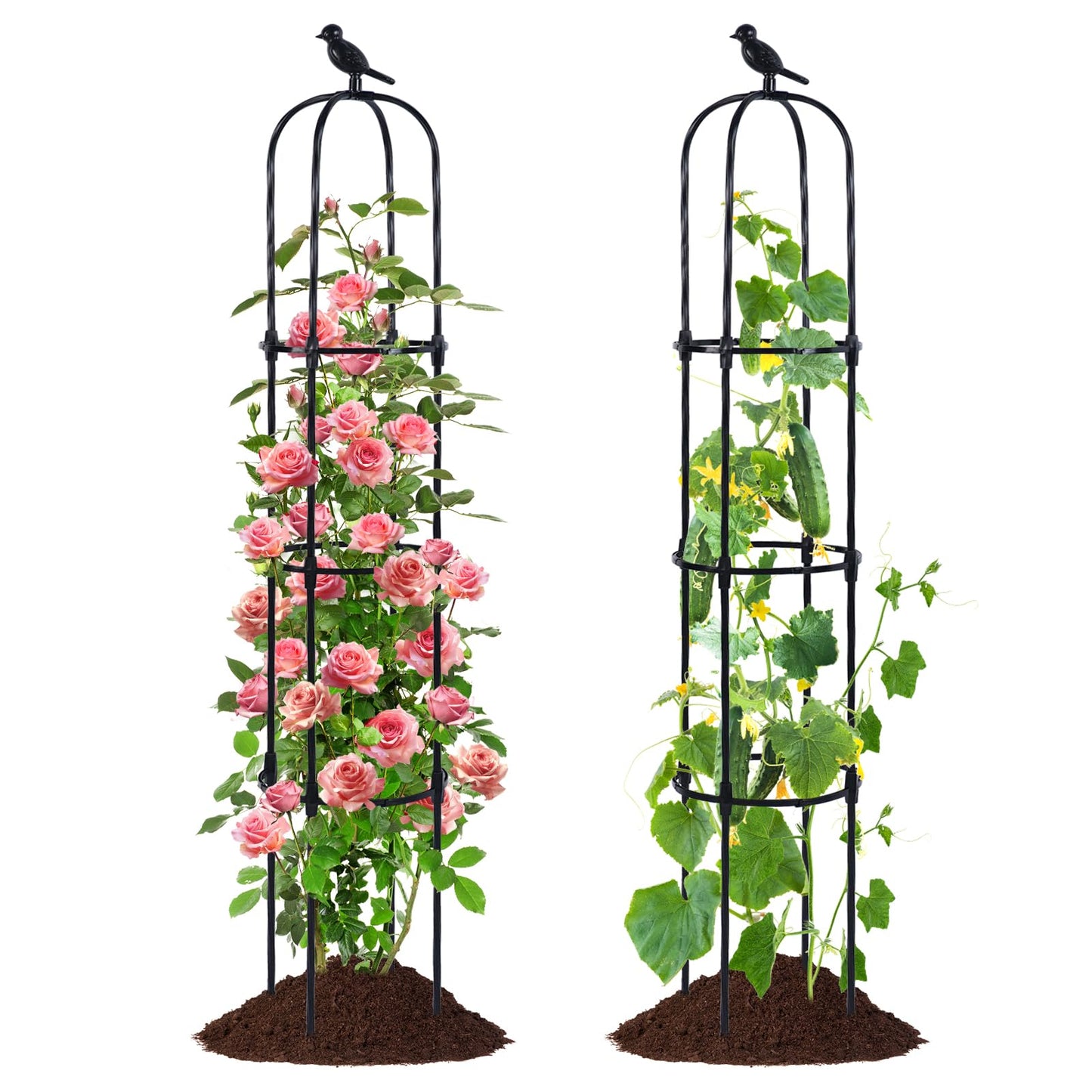 FOLLOOK Garden Trellis Obelisk for Climbing Plants, Lightweight Metal Plant Support for Roses Clematis Vines, Rustproof Decorative Trellis for Outdoor Garden Patio Planter, Black, 2 Pack