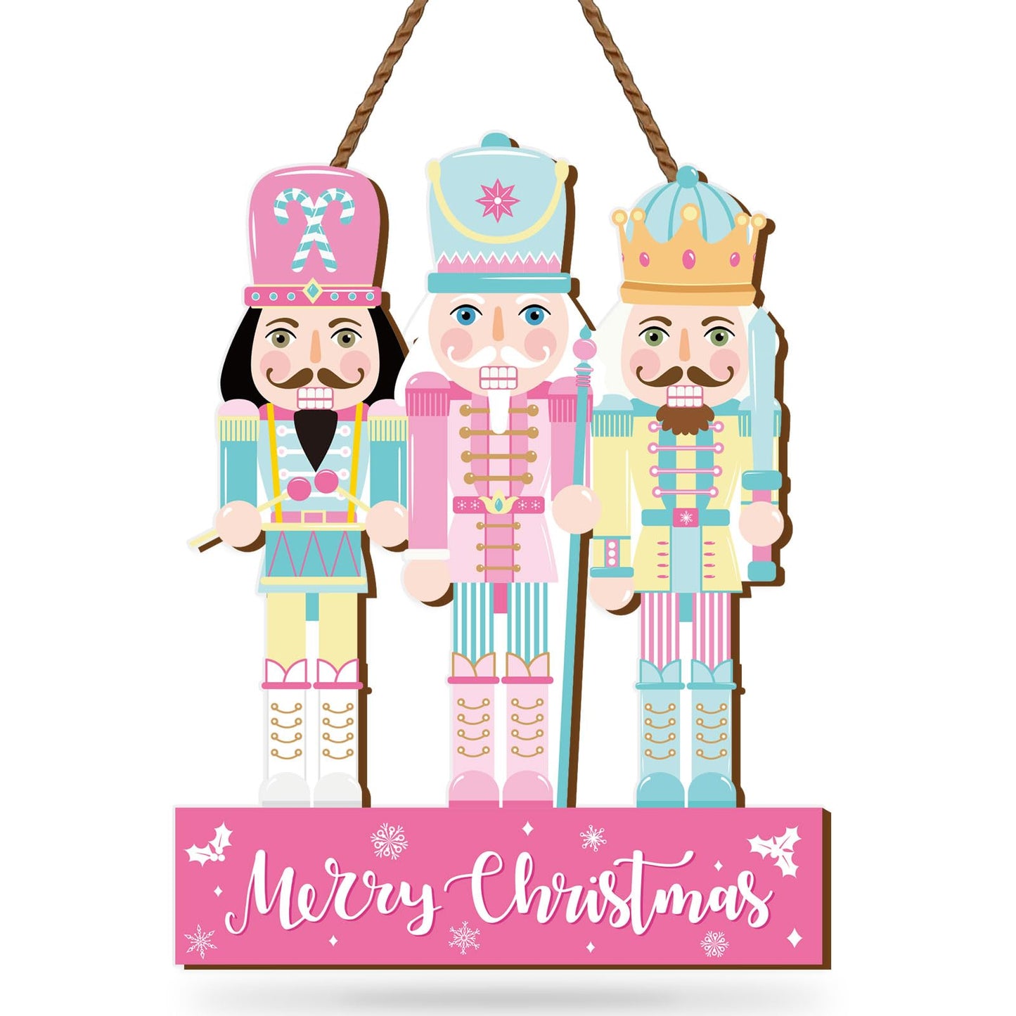 Whaline Christmas Wooden Hanging Sign Xmas Pink Blue Nutcracker Welcome Wood Sign Holiday Door Decor Signs for Indoor Outdoor Porch Wall