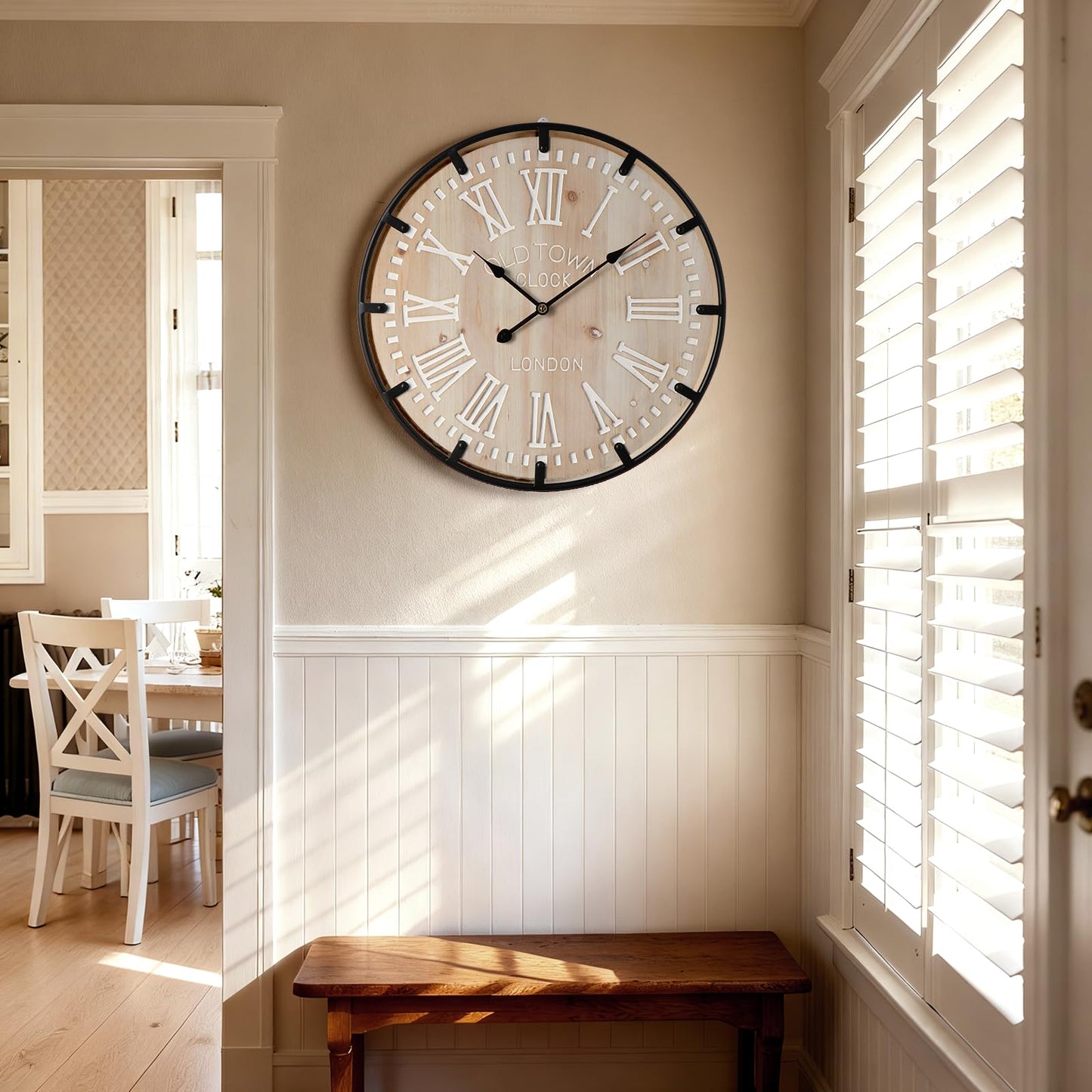 Vantic Farmhouse 30 Inch Extra Large Decorative Wall Clock with Metal Circle, Oversized Wood Wall Clock with Large Roman Numeral for Living Room, Bedrooms and Offices, Silent and Battery Operated