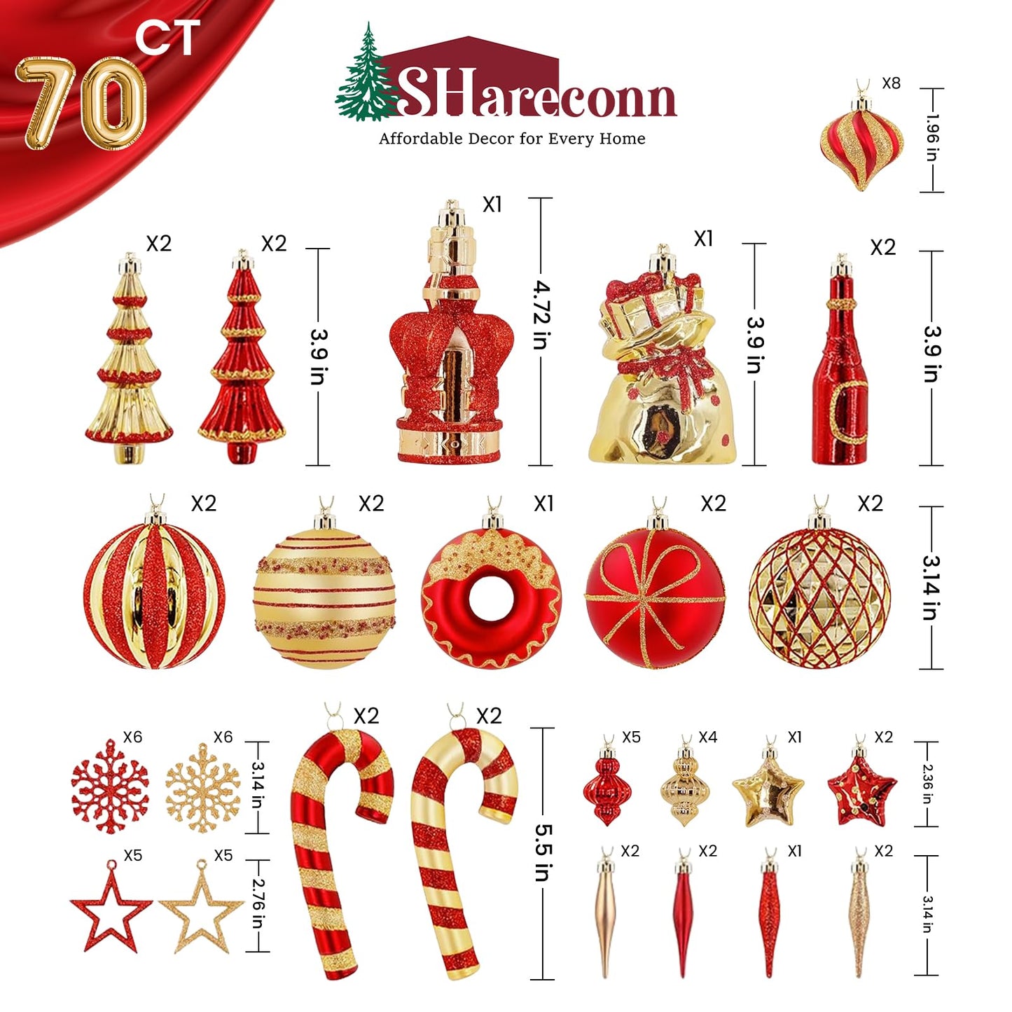 SHareconn 70pcs 2025 Classic Christmas Balls Ornaments Set, Shatterproof Plastic Baubles, Ribbon and Tree Topper for Xmas Tree Holiday Wedding Party Decorations with Hanging Strings, Red and Gold