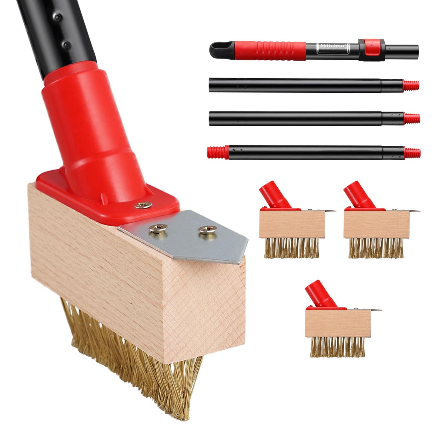 Mitclear Moss Remove Brush with Long Handle(53IN), Deck Crevice Cleaning Tool, Weed Remover with Wire Brush & Metal Blade, Crack Moss Remover for Pavement Driveway Patio Sidewalk Paver(3 Brush Heads)