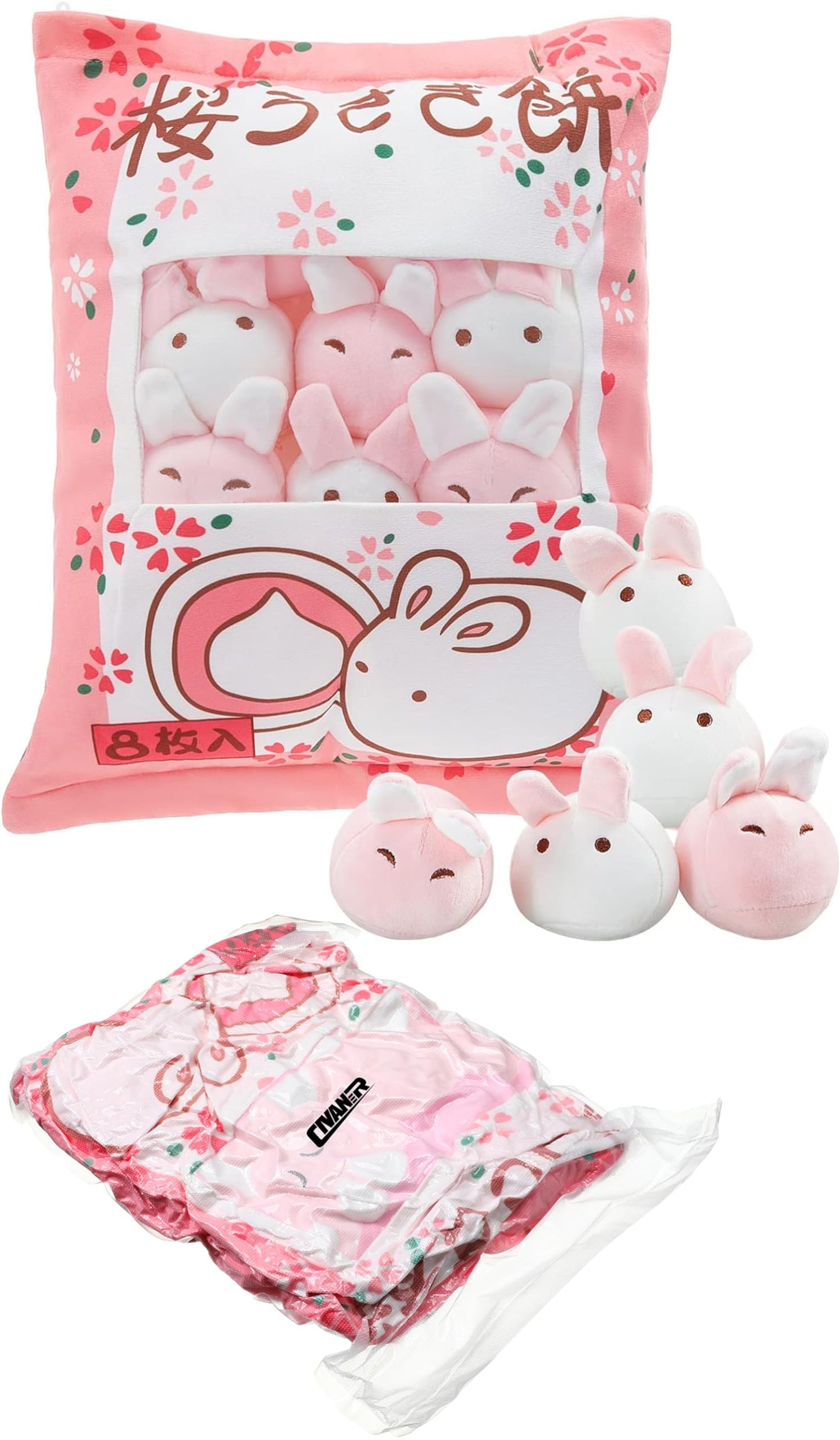 Civaner Kawaii Bunny Plush Pillow Cute Room Decor Cherry Blossom Throw Pillow Pink Removable Stuffed Animal Fluffy for Easter Home Birthday Spring Sakura Gifts Bag