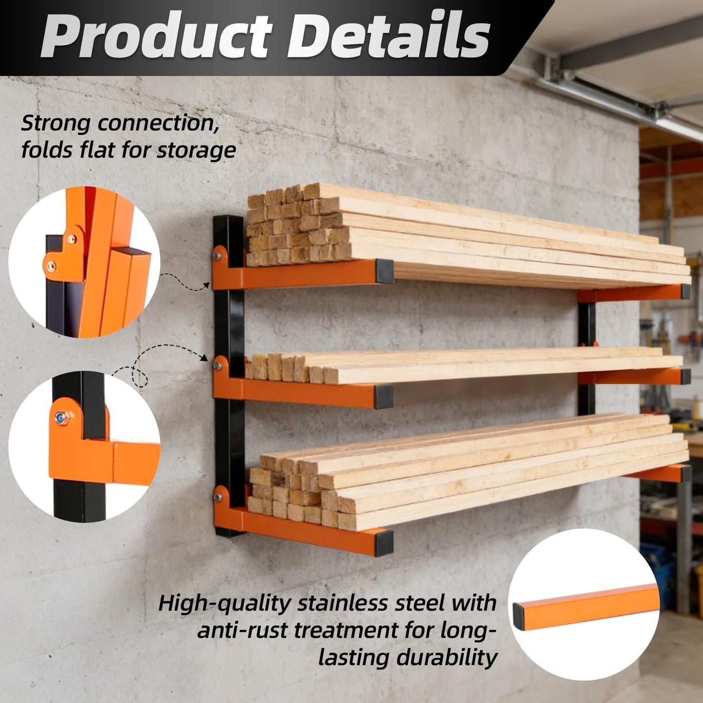 Dometrix Lumber Storage Rack Wall Mounted 2 Pack, Wood Organizer with 3-Level Holds Up to 660LBS, Heavy Duty Folding Metal Garage Organizer for Indoor and Outdoor, Orange