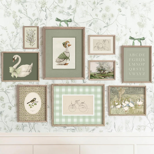 Vodefoad Sage Green Nursery Wall Art Set Vintage Cute Kids Nursery Wall Decor Baby Girl Room Decor Swan Rabbit Brid Duck Landscape Canvas Painting Retro Antique Green Nursery Poster Girls Gallery Art for Kids Bedroom, Nursery Room Decor- Unframed