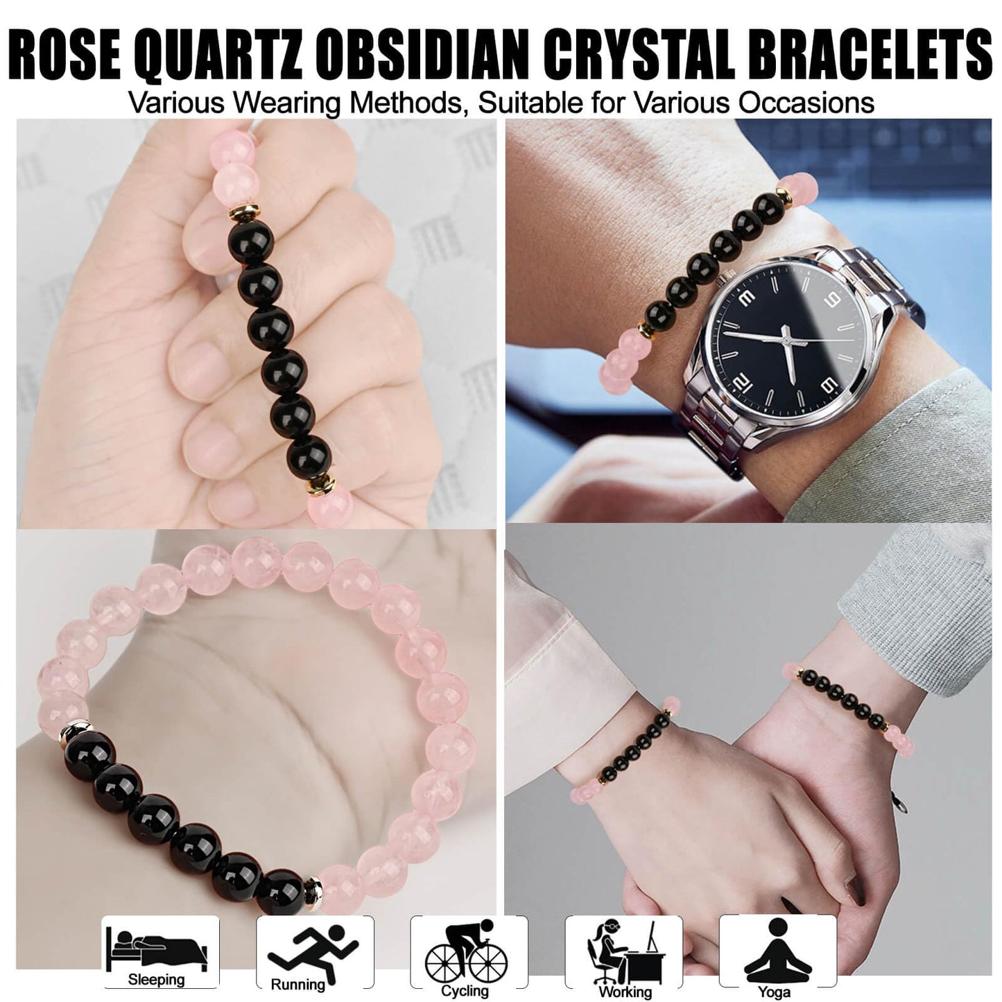 Rose Quartz Pink Opal Peru Crystal Bracelet, Love Friendship Anxiety Crystal Healing Stone Chakra Bracelet, Business Money Energy Wealth Good Luck Prosperity Feng Shui Beaded Bracelet for Men Women,