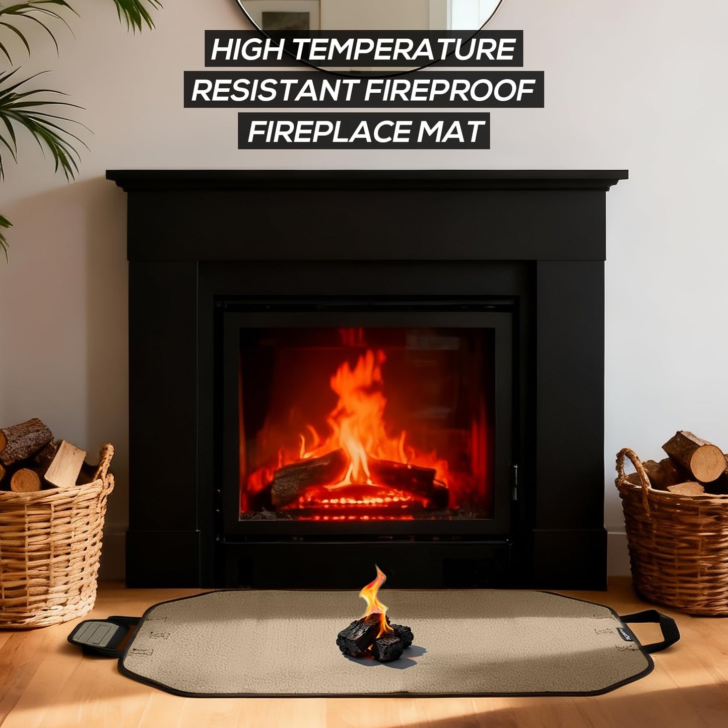 PAWBOSE Fireproof Fireplace Mat Hearth Rug and Firewood Carrier Firewood Bag, Great Gift for Cabin, Large Fire Wood Sling Carrier with Handles, Protect Floors Carpets from Sparks Embers-Tan