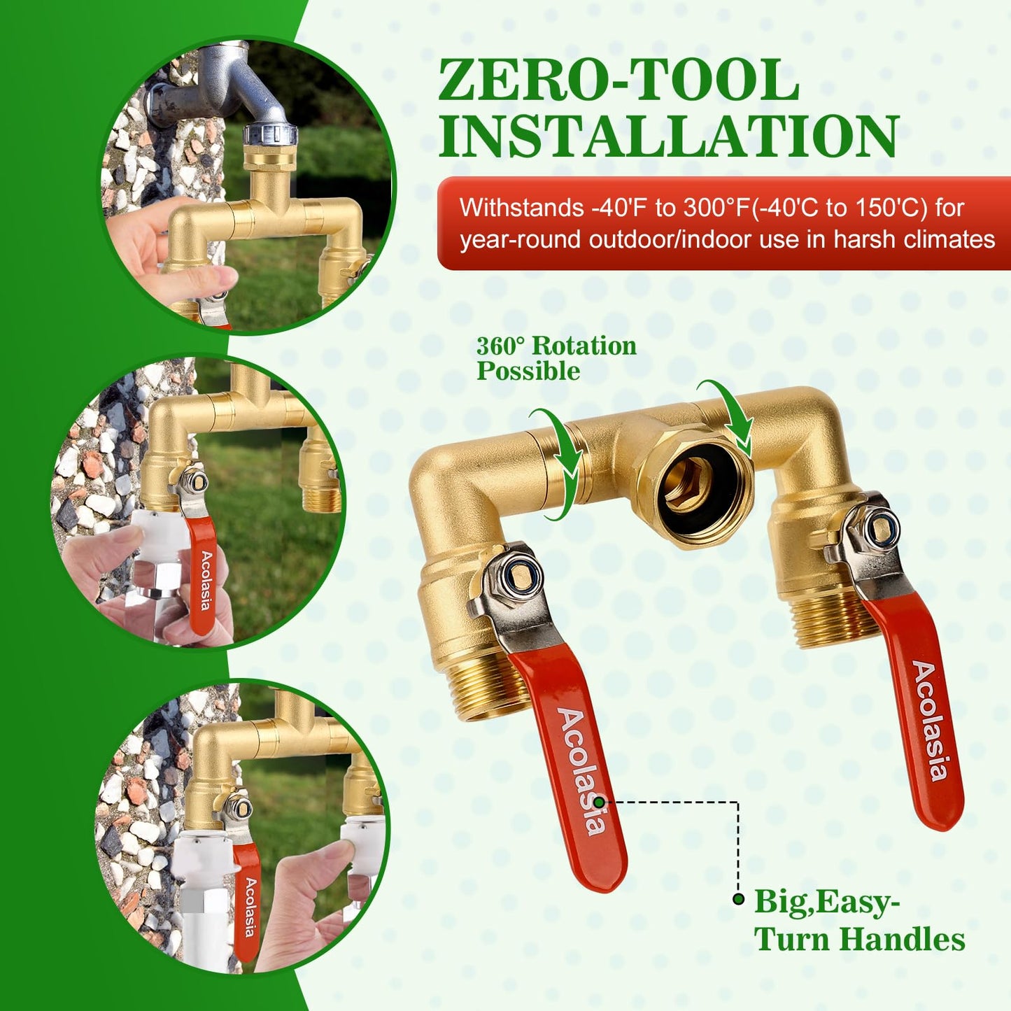 Hose Splitter 2 Way Heavy Duty Brass Garden Hose Splitter with 360° Rotatable, 304 Stainless Steel Long Handle Outdoor Full Flow Hose Splitter Connector, 3/4" GHT Thread