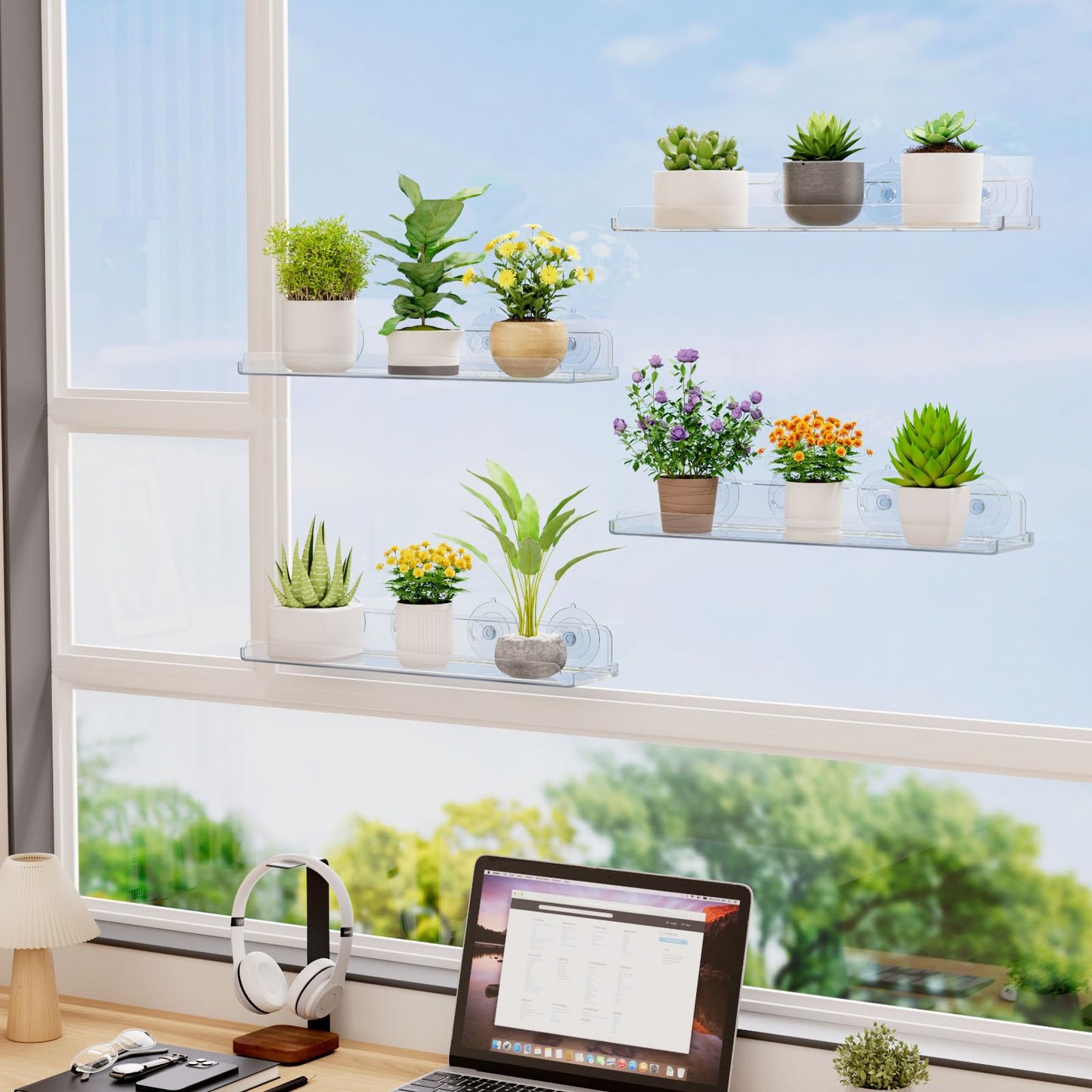 Lifewit Window Plant Floating Shelves 14.6x3.6, 4 Pack Acrylic Suction Cup Shelf, Window Sill Extender for Indoor Succulent Plants, Micro Greens, Seed Starter Pots, Herb Planters 37 x 9 cm/14.6x3.6