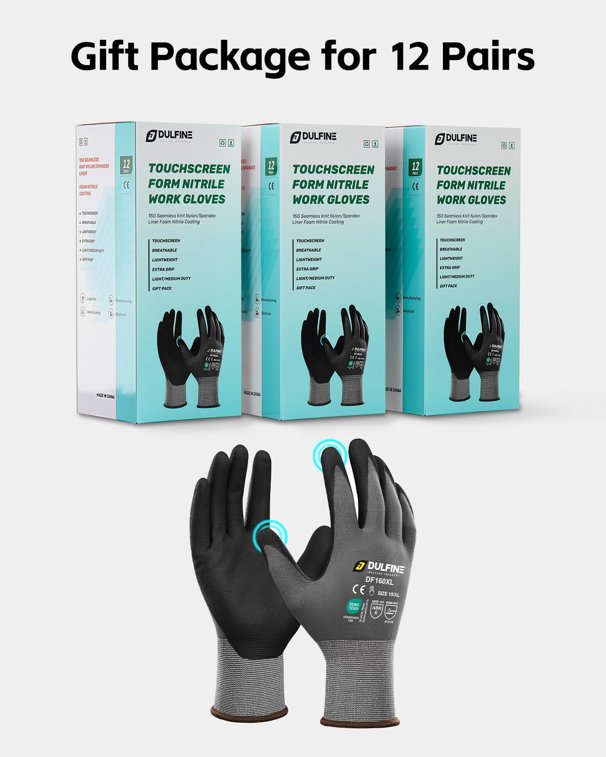 DULFINE Safety Work Gloves MicroFoam Nitrile Coated-12 Pairs Pack,Seamless Knit Nylon Glove with Black Micro-Foam Nitrile Grip,Ideal for General Purpose,Automotive,Home Improvement,Painting(Medium)