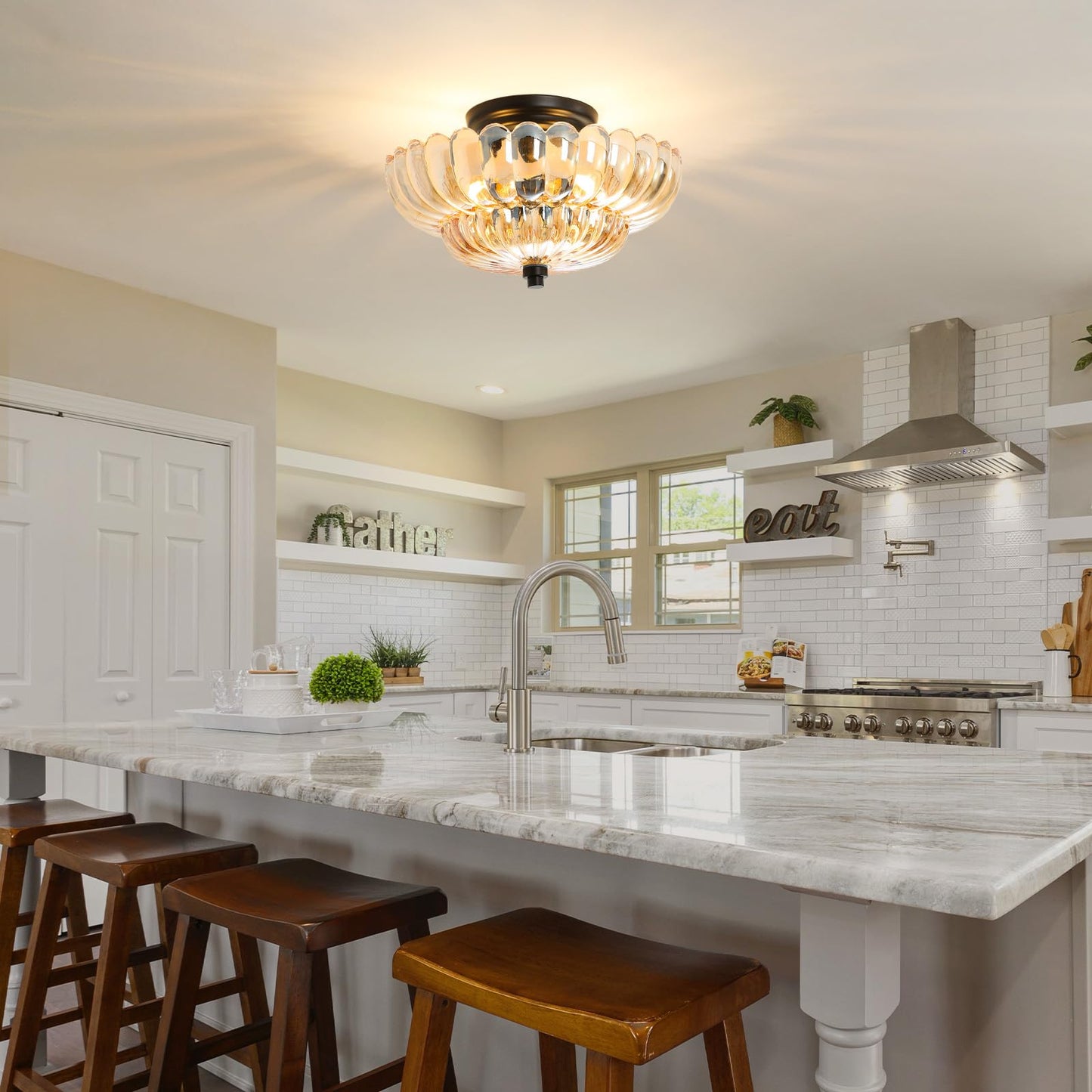 GloMuse Semi Flush Mount Ceiling Light Fixture Vinatge Black Ceiling Lights Mid Century Modern Glass Close to Ceiling Lighting Fixtures for Bedroom Hallway Foyer Bathroom Kitchen Laundry Room Nursery