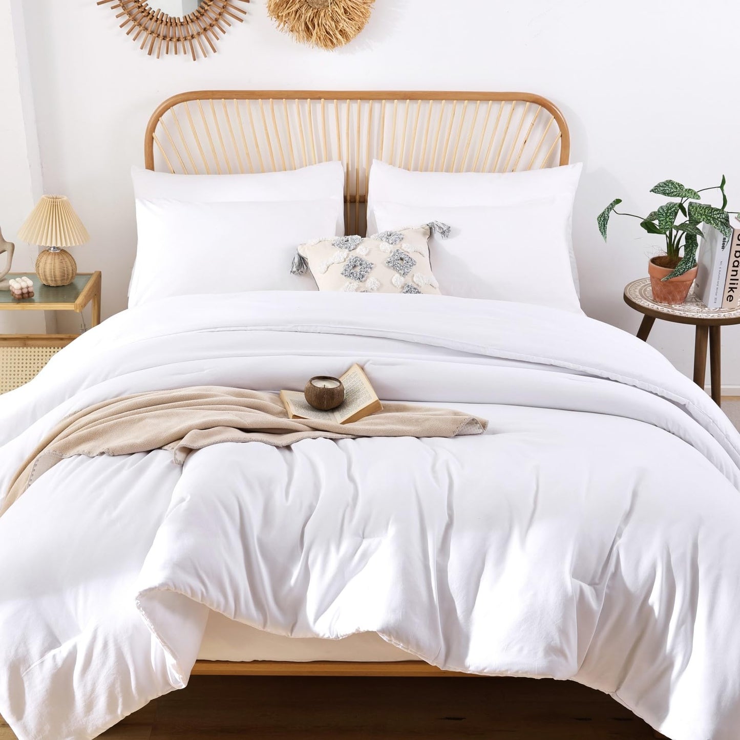 ROSGONIA White Queen Comforter Set, 3pcs(1 Boho White Comforter & 2 Pillowcases) All Season Soft Bedding Lightweight Bedspread Blanket Quilt