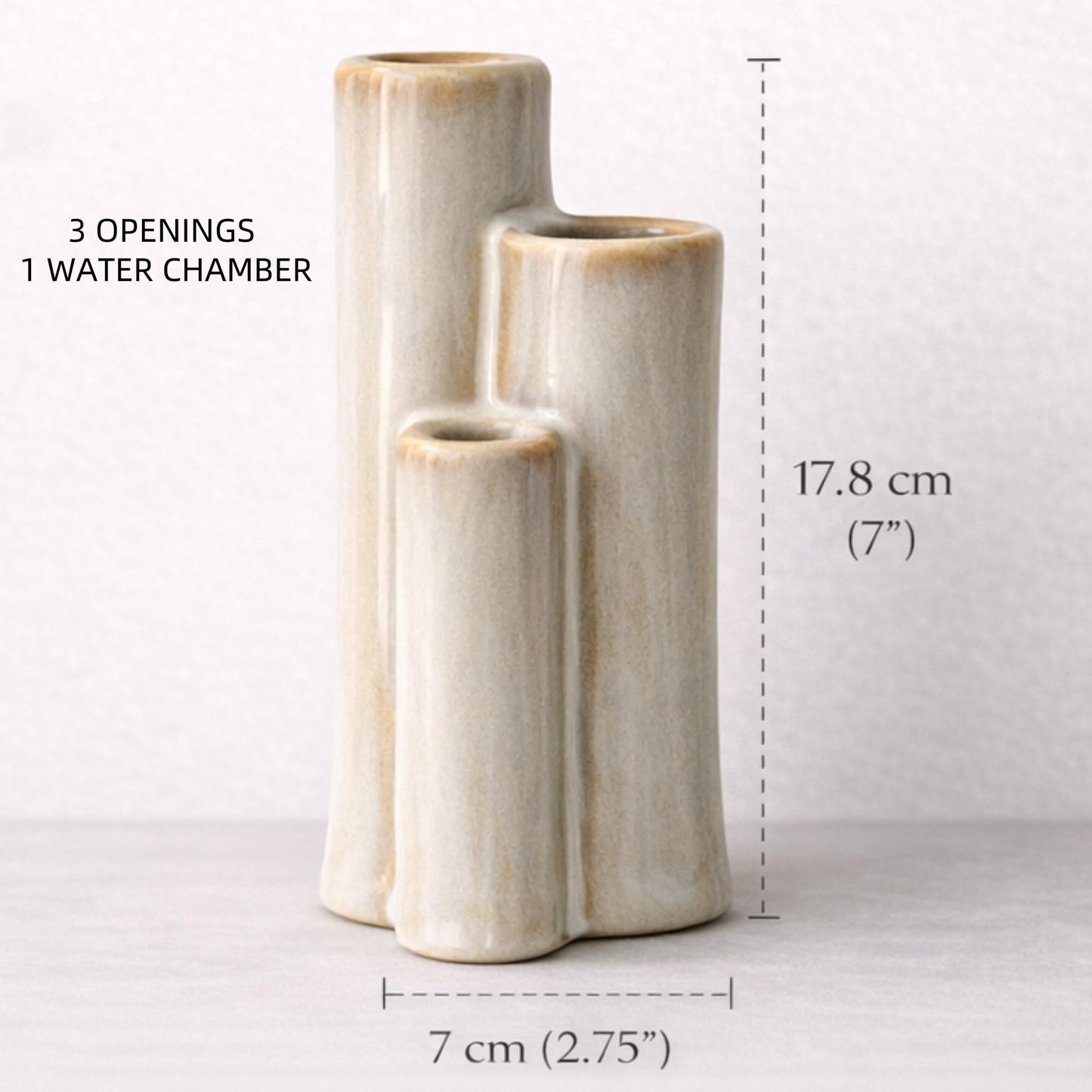 SincereLuxe Ceramic Bud Vase, Sculptural Triple Tube Vase in Cream White for Modern Farmhouse & Minimalist Shelf Decor