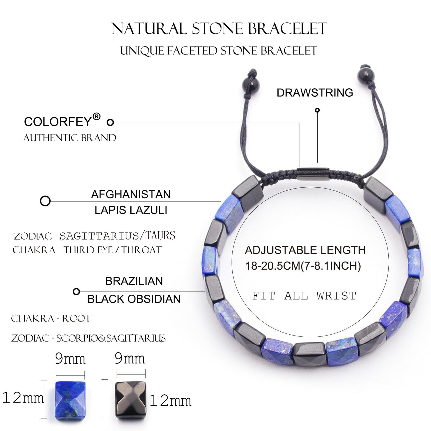 COLORFEY Natural Crytals Mens Beads Bracelet Mens Bracelets Beaded Lapis Lazuli Black Obsidian Trendy Handmade Bracelet, Unique Double Protection Energy Beads Healing Crystals Bracelets for Men