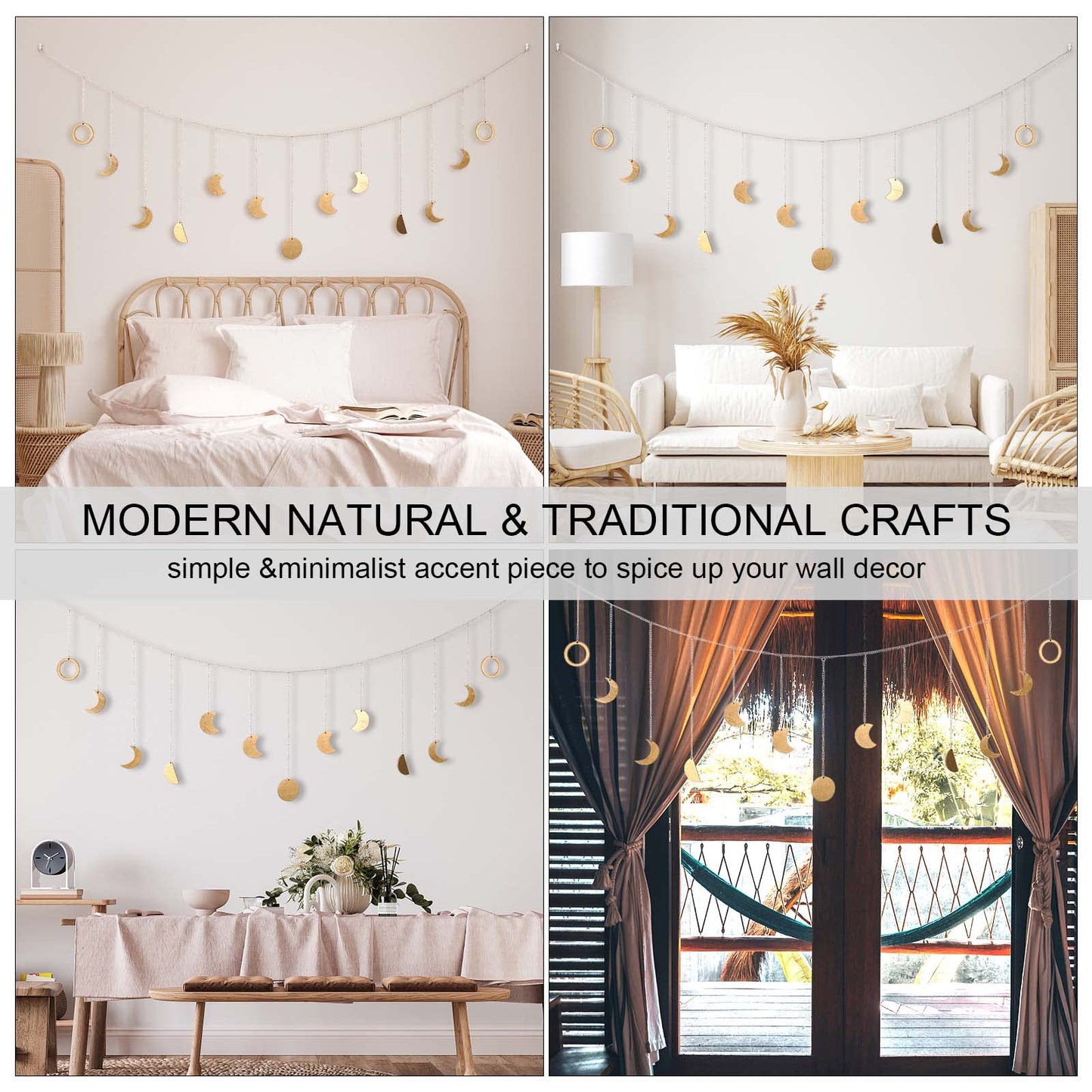 Brmeday Moon Phase Wall Decor with LED String Light, 13 Gold Wood Boho Wall Hanging Decor Mood Garland 56'' - Celestial Phases Moon Decoration in Bohemian Style for Bedroom Living Room, Gifts for Mom