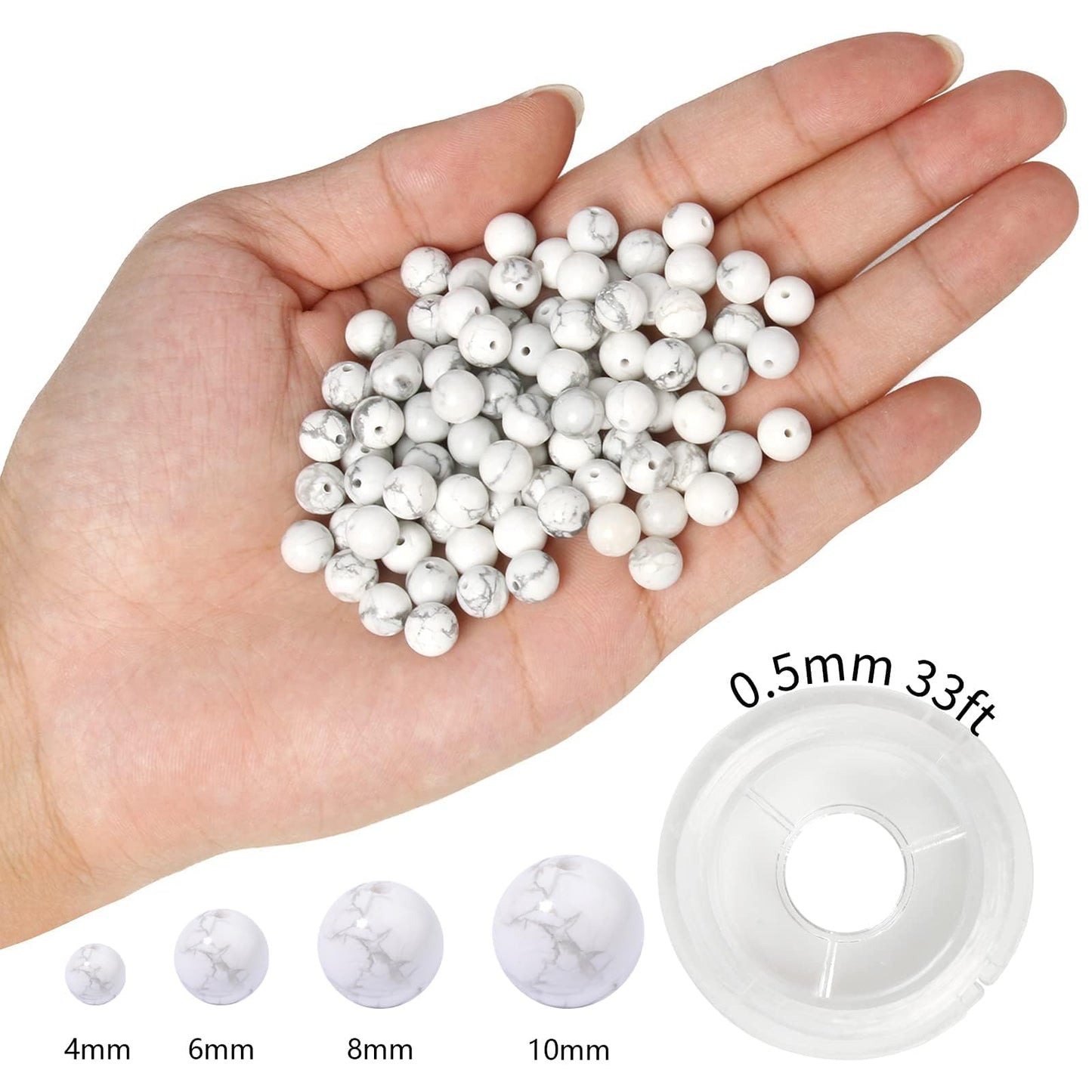 NITOPUPU 100Pcs 8mm Natural Smooth White Howlite Gemstone Beads Round Loose Stone Beads for Jewerly Making with Crystal Stretch Cord