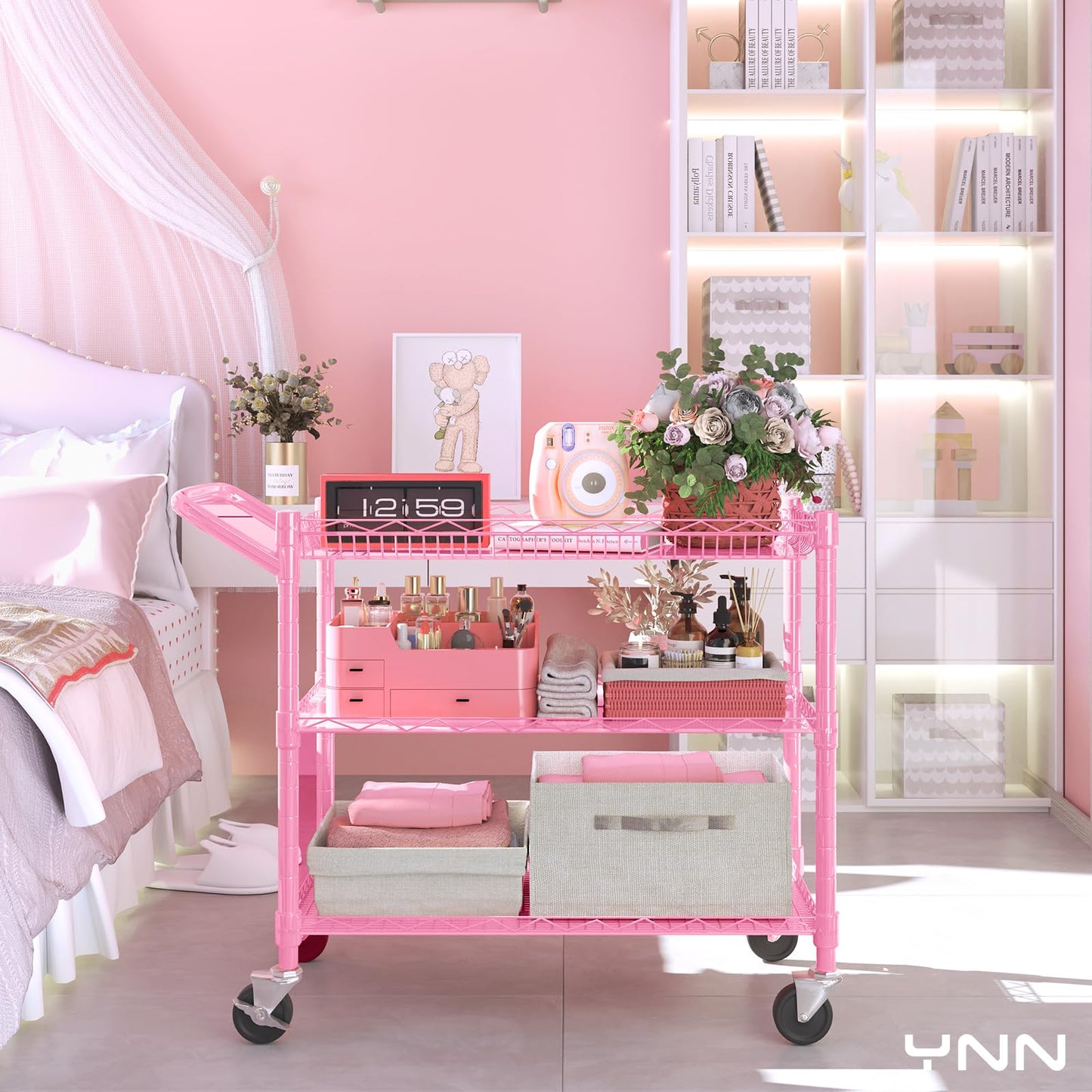 YNN Pink Rolling Cart, 990Lbs 3 Tier Heavy Duty Metal Cart with Wheels & Handle NSF Wheeled Cart 31" D x 18" W x 33" H for Bedroom, Bathroom, Kitchen,Garden,Decor,Serving