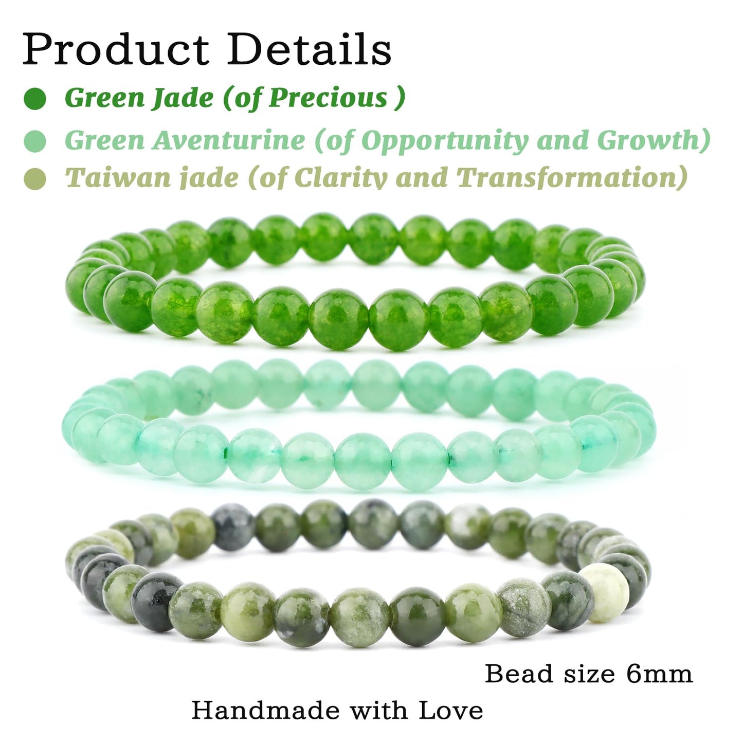 NCB 3-Piece 6mm Natural Crystal Gemstone Stretch Bracelets – ﻿Green Jade, Green Aventurine, Taiwan Jade Handmade Reiki Energy Healing Jewelry for Meditation,Yoga, Unisex