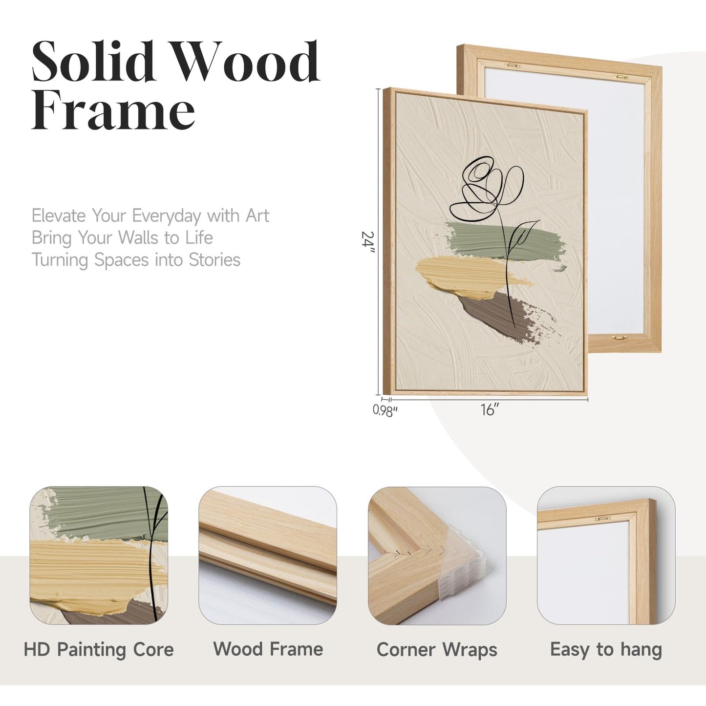 Framed Abstract Boho Wall Art for Bedroom, Set of 3 Large Neutral Canvas Prints Paintings, Modern Minimalist Line Face Botanical Picture Artwork Decor for Living Room Hallway 16x24 Inch