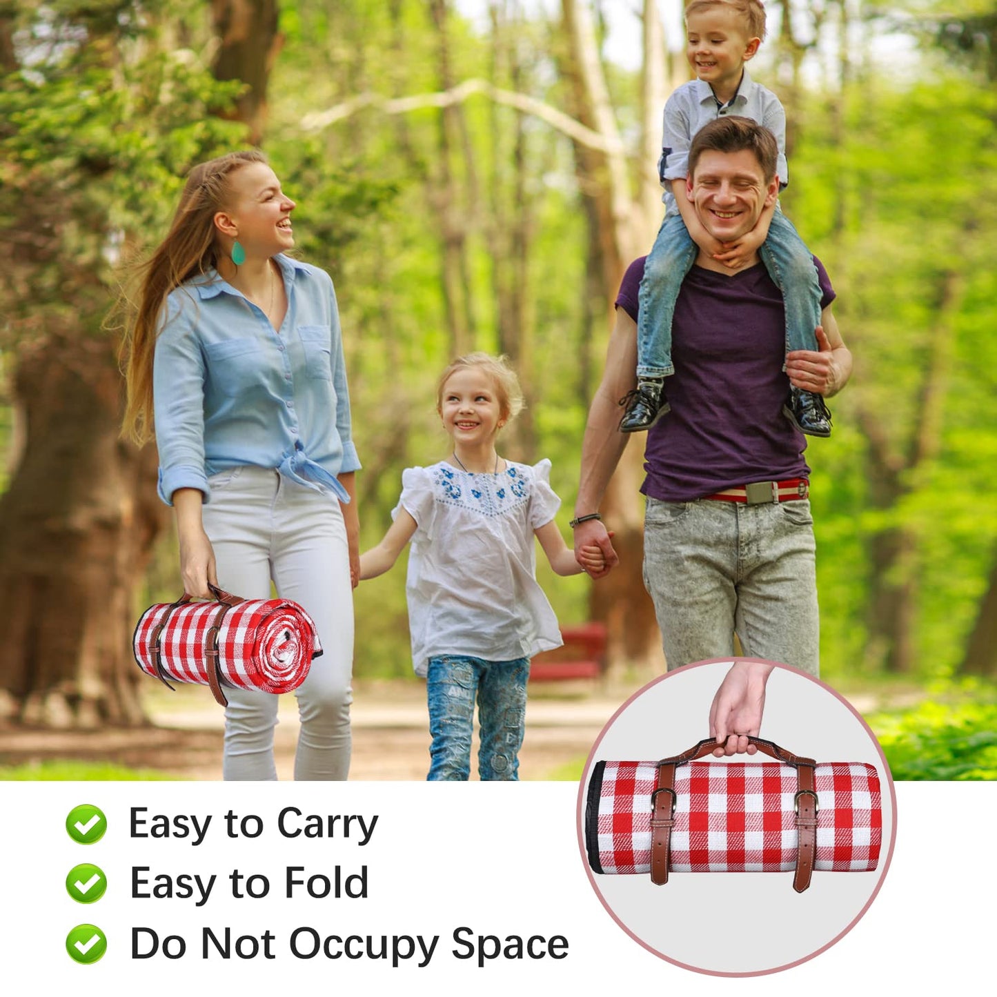 RealPero Extra Large Picnic Blanket, 80"x60" Waterproof Sandproof Beach Mat, Soft Foldable Outdoor Camping Mat with PU Carrier, Red White Plaid Portable Mat for Lawn, Grass, Travel & Park