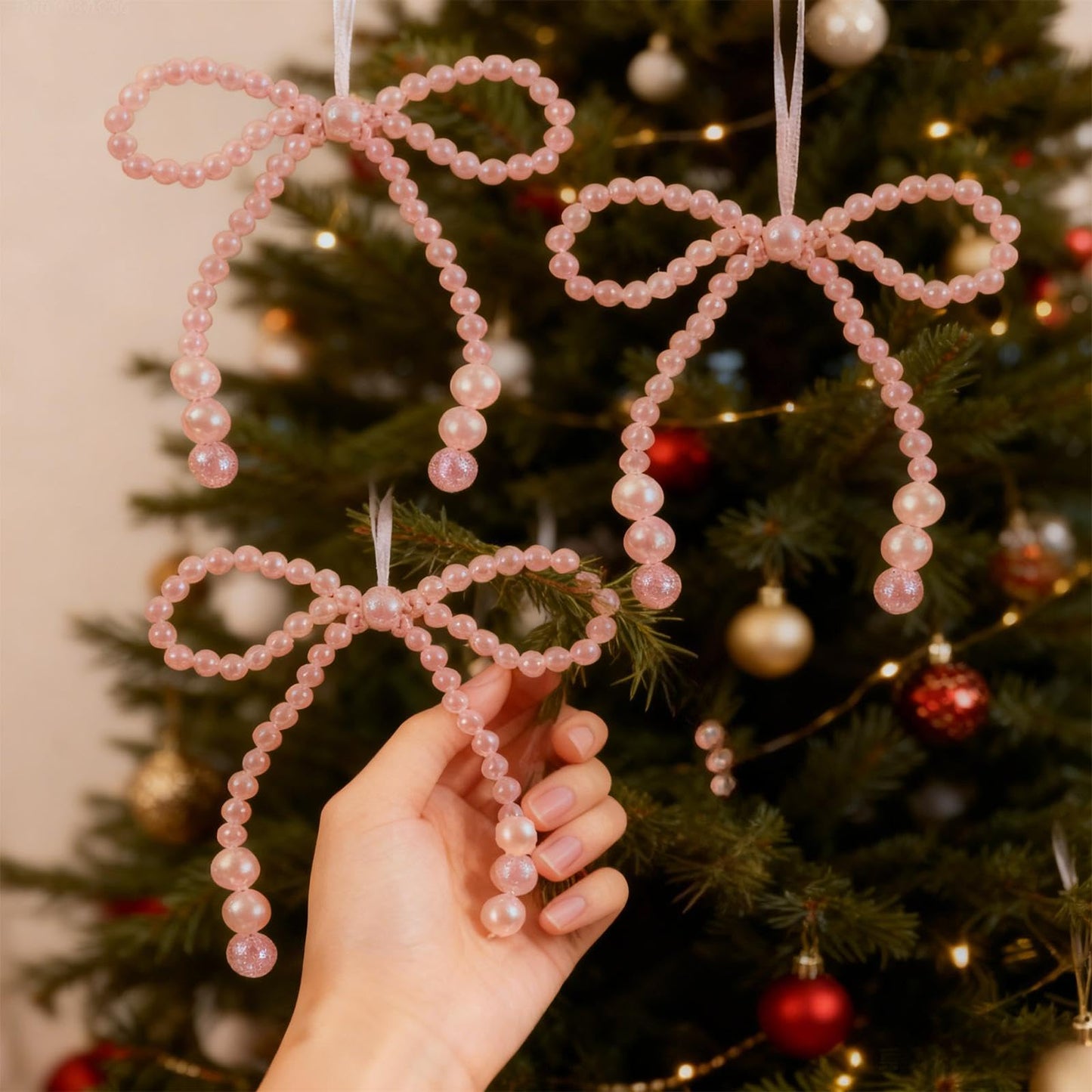 12 Pcs Pearl Bow Christmas Ornaments Pink Bowknot Tree Topper Decor Xmas Hanging Ornament Pendant Decoration