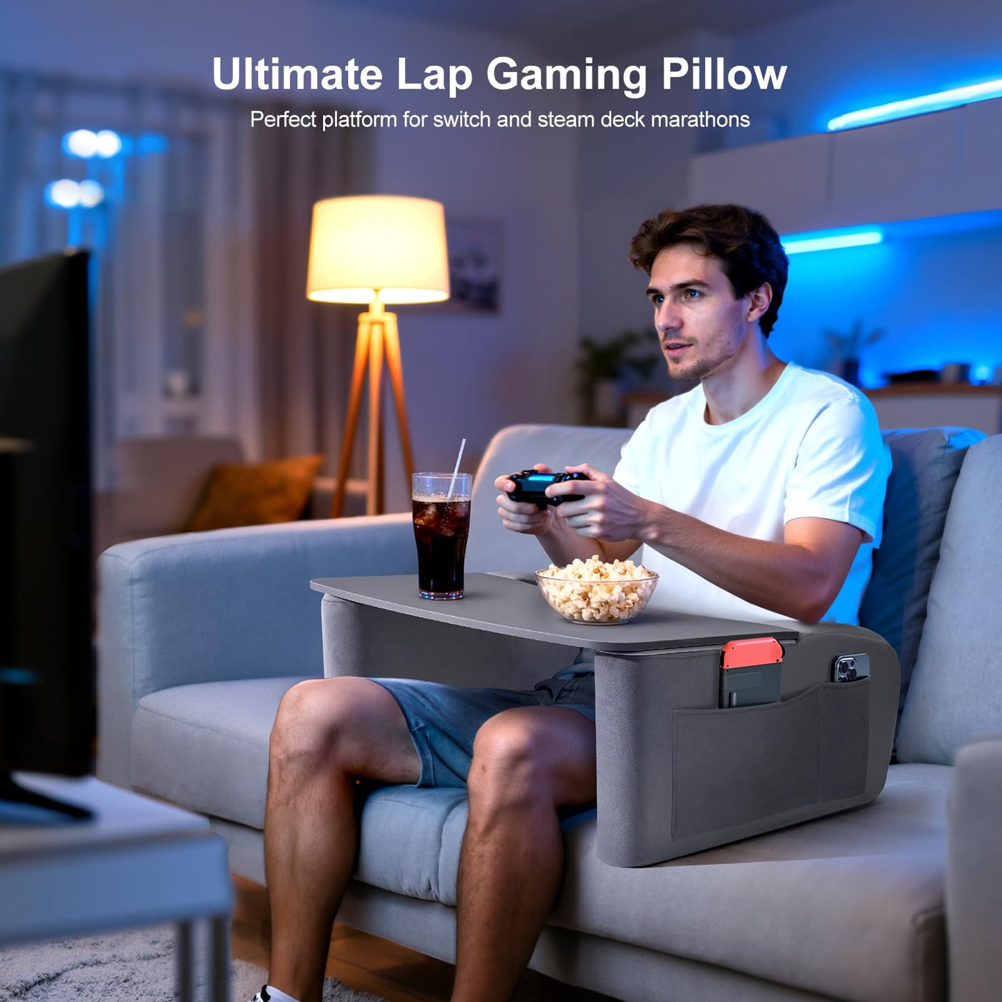 OPTIXCELL Reading Pillow for Gaming with Ergonomic Arm Rests, Wooden Lap Desk for Laptop, Support Pillow with Side Pockets for Reading, Writing, Working, Gaming on Bed, Couch or Floor (Gray, Large)