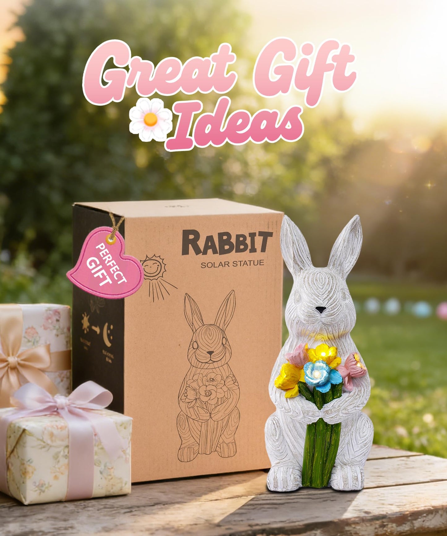 Nacome Solar Bunny Garden Decor: Outdoor Rabbit Statue with Succulent for Yard Art Lawn Ornaments Porch Patio Balcony - Easter Birthday Gifts for Mom Women Grandma