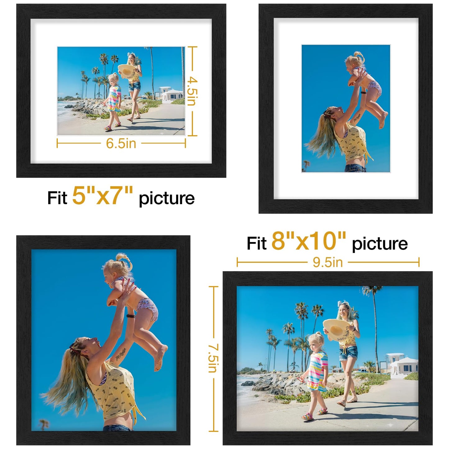 Vittanly 8x10 Picture Frames Set of 9, Shatter Resistant Plexiglass, Display 5x7 Pictures with Mat or 8x10 without Mat, Photo Frames for Wall or Tabletop, Engineered Wood, Black