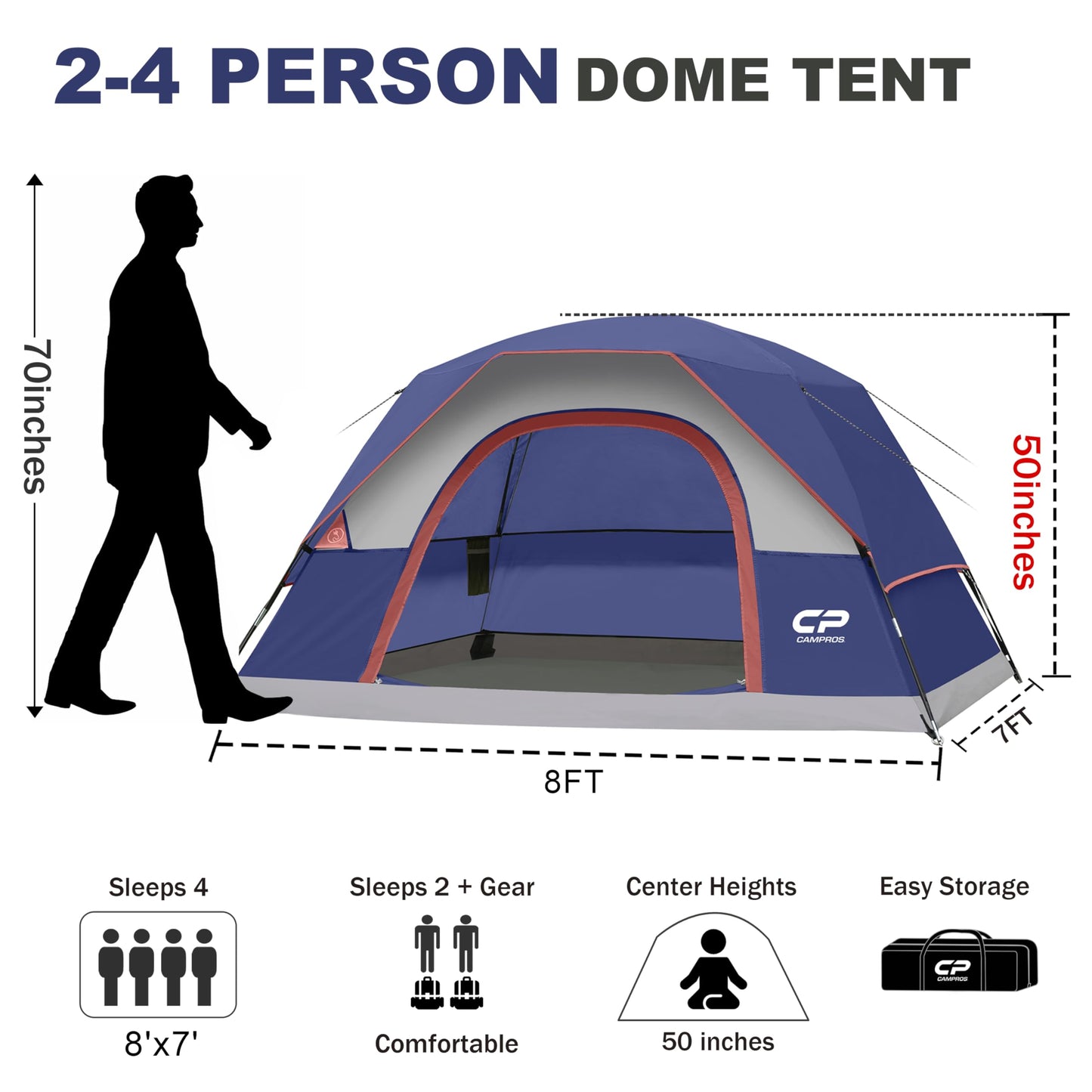 CAMPROS CP 4 Person Camping Tent, Waterproof Dome Tent with Rainfly, Easy Setup Portable Tent with Mesh Window & Carry Bag for Camping