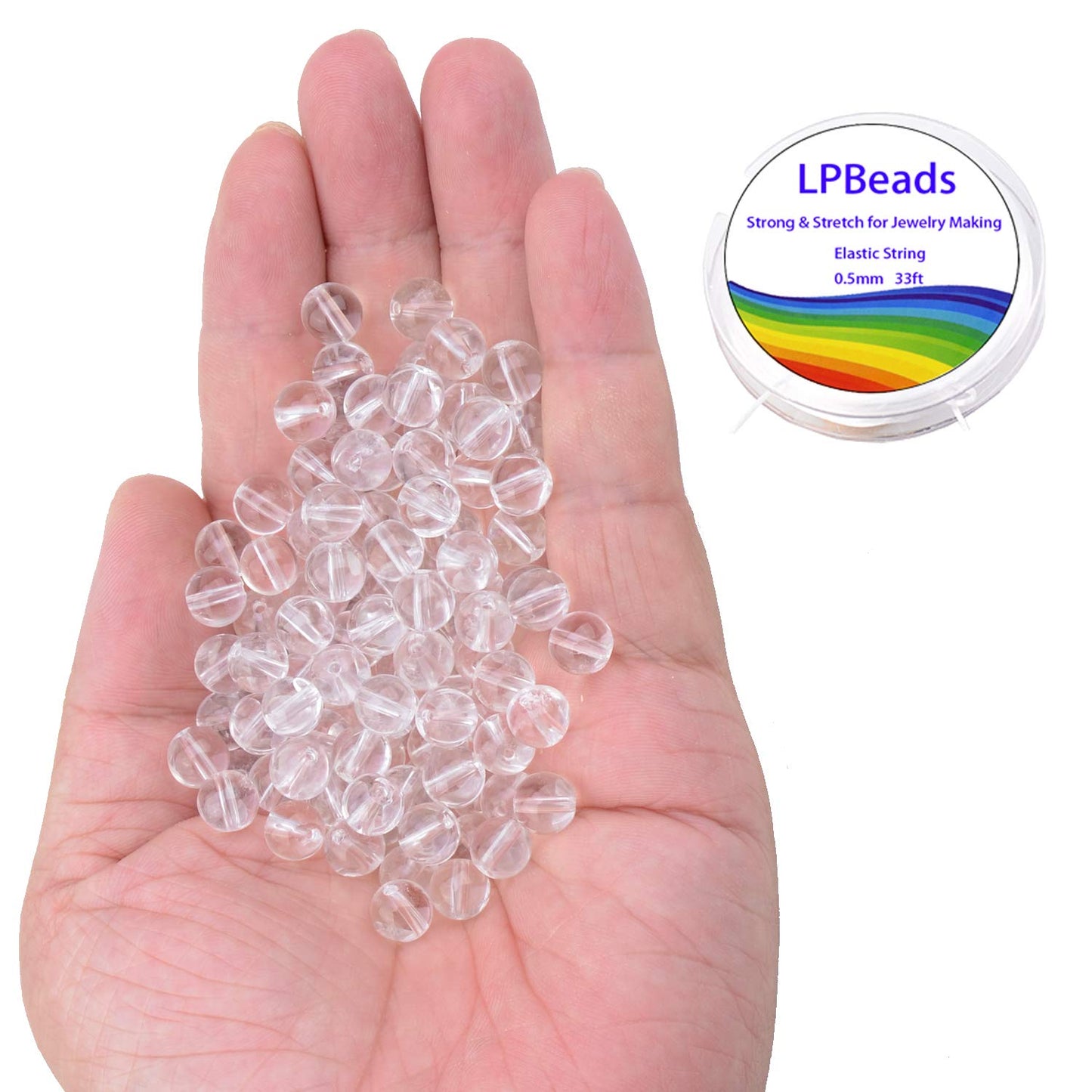 LPBeads 100PCS 8mm Natural Clear Quartz Crystal Gemstone Round Loose Beads for Jewelry Making with Crystal Stretch Cord
