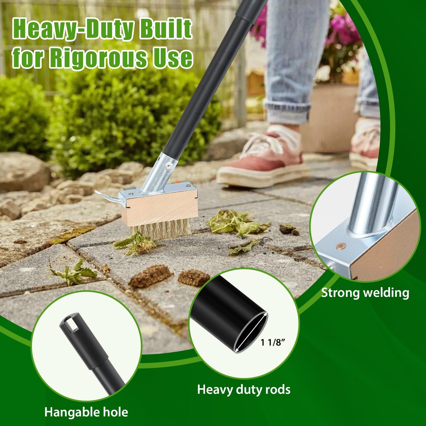 DEROFIT Crack Weeder Moss Remover Brush with 45 inch Handle,Manual Crevice Weeding Tool Stand Weed Puller Grout Brush for Deck,Patio,Sidewalk, Walkway,Driveway, Paving,Crevice Cleaning Tool