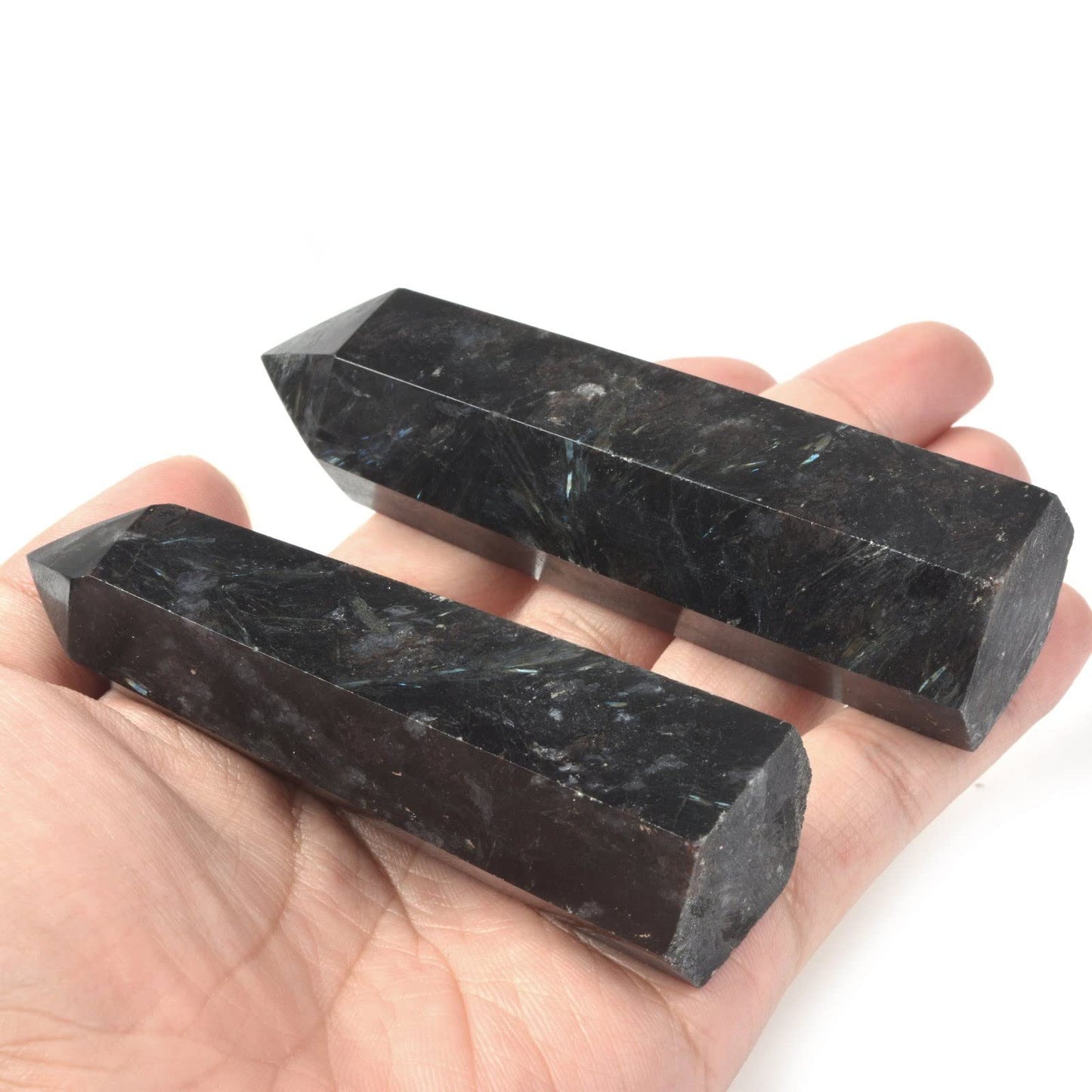 Large Hornblende Gemstone Crystal Hexagonal Pointed Tower Reiki Chakra Faceted Prism Wand Stone Home Decor