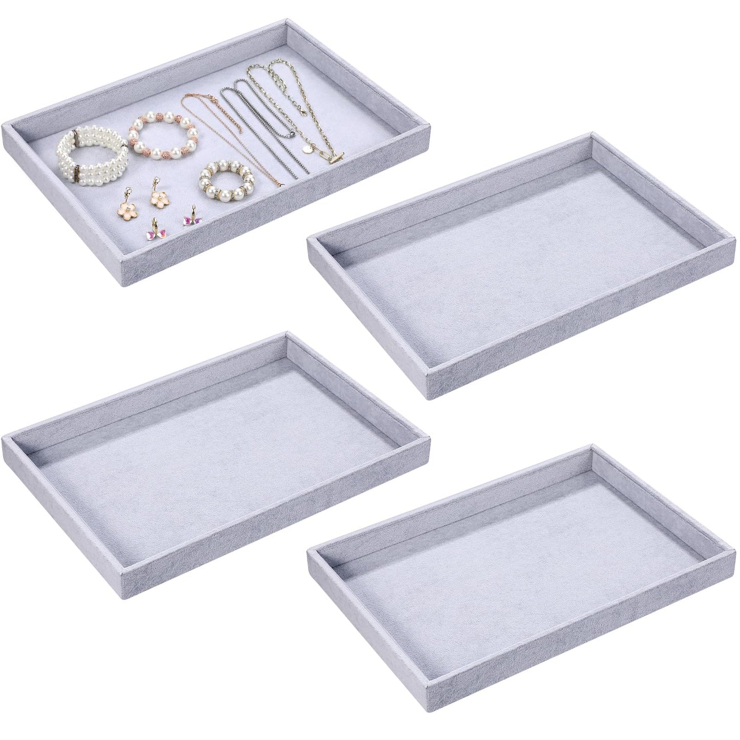 Quelay 4 Pcs Stackable Jewelry Tray Jewelry Organizer Tray Showcase Display Empty Plate Bracelet Ring Earring Organizer (Grey)