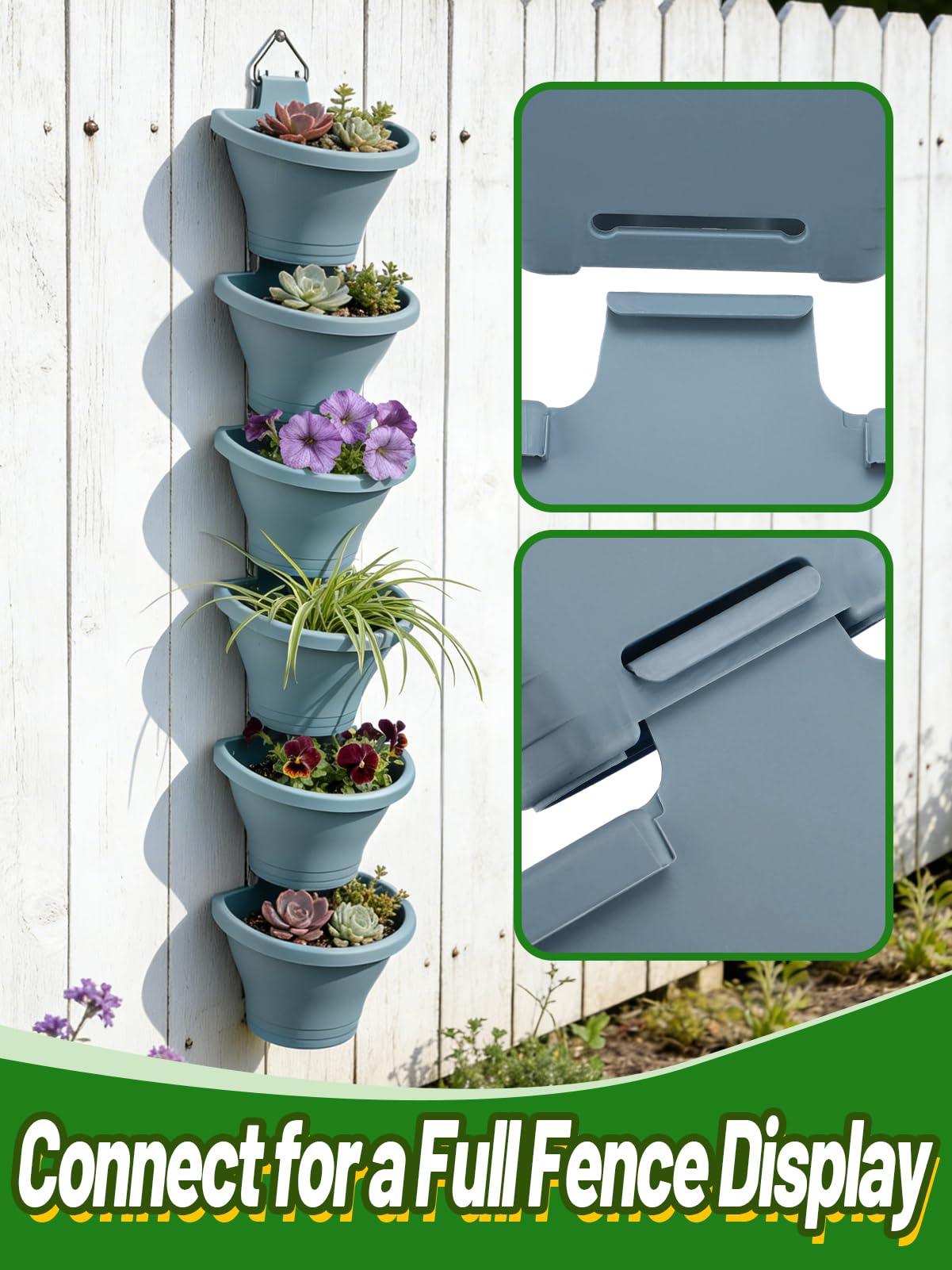 MADHOLLY 6Pcs Vertical Hanging Planters for Outdoor Plants - Wall Plant Holder for Indoor Decorations Garden Fence, Plastic Flower Pots with Drainage Grid and Hooks (Blue)