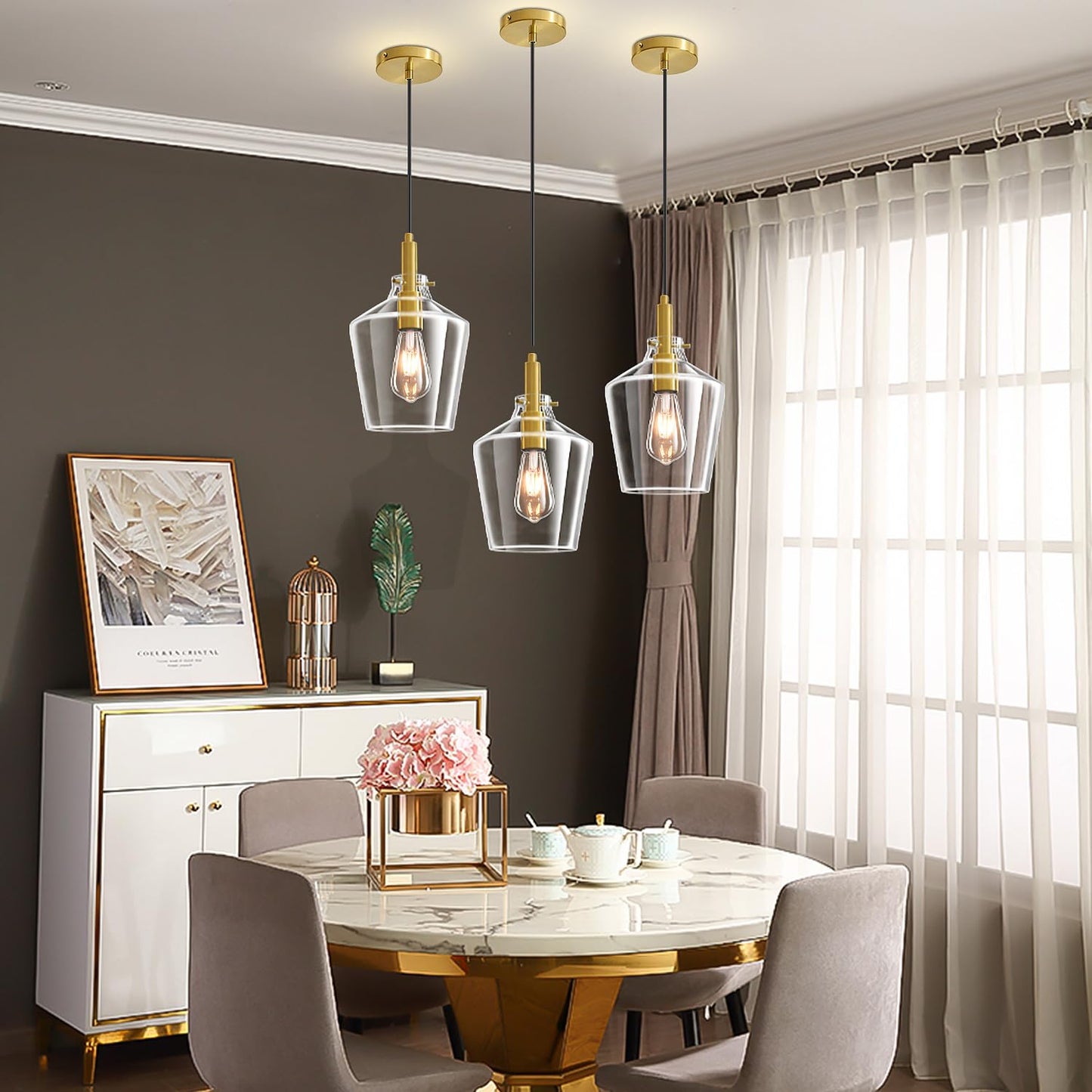 Vaziden Modern Glass Pendant Lighting for Kitchen Island, Farmhouse Gold Pendant Light Fixtures 1 Pack, Adjustable Hanging Ceiling Light Angled Clear Glass Shades 8 Inch