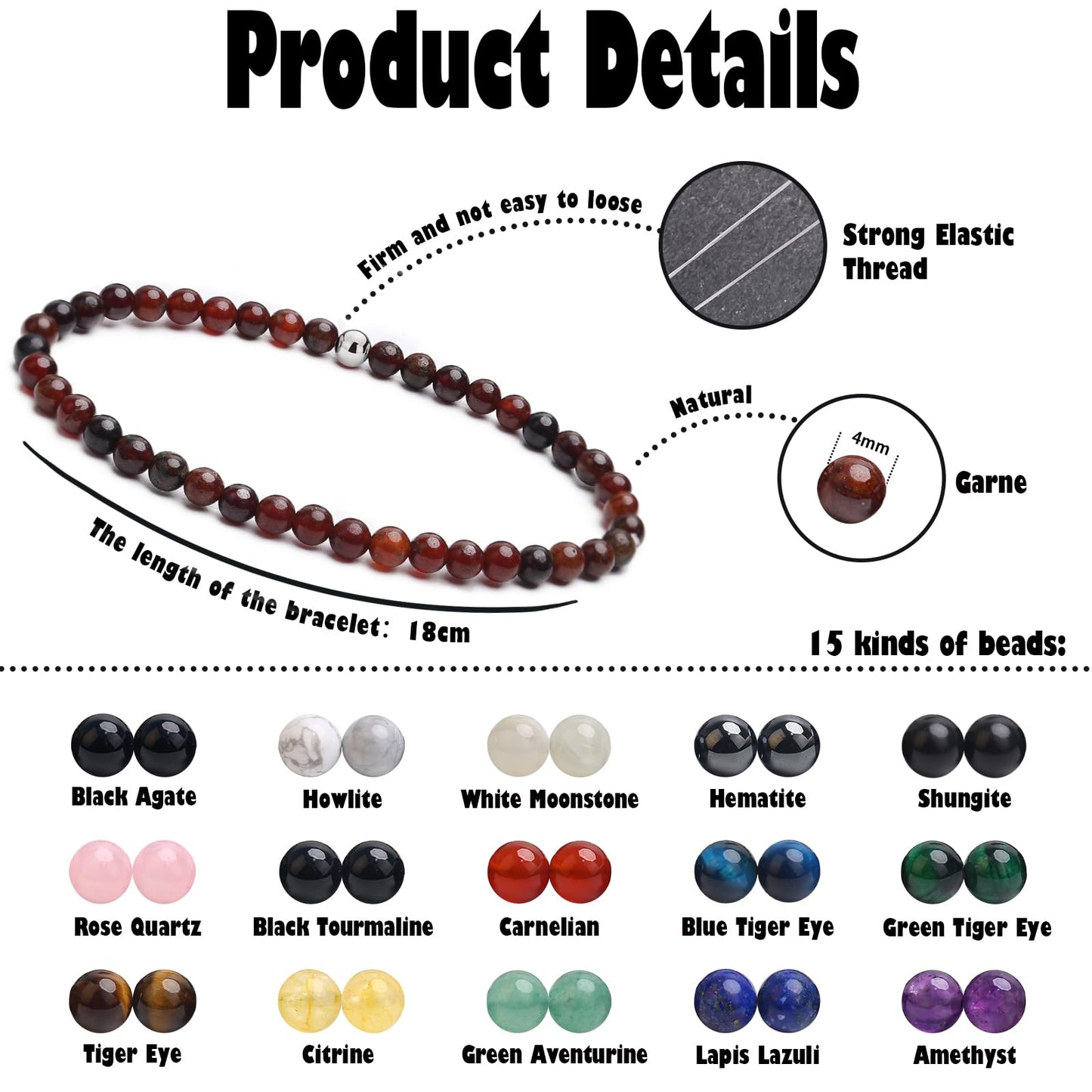 BONNY BOXX 4mm Natural Stretch Orange Garnet Bracelet for Unisex, Handmade Elastic Healing Crystal Gemstone Bracelet Yoga Stress Relief Gift for Men Women
