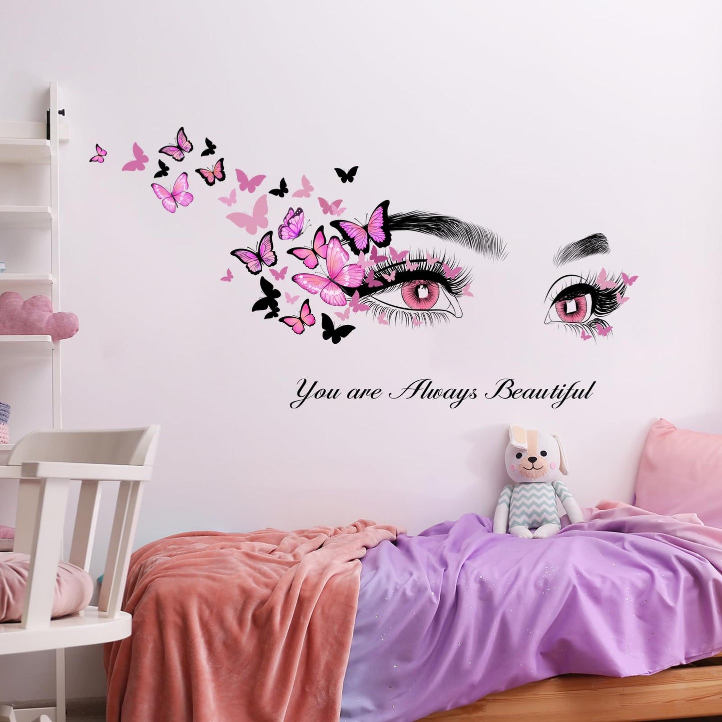 Beautiful Eyelash Eyes Wall Stickers Flying Butterfly Wall Decals You are Always Beautiful Quotes Wall-Decor Vinyl Art Butterflies Decor Stickers for Women Girls Bedroom Living Room Decor