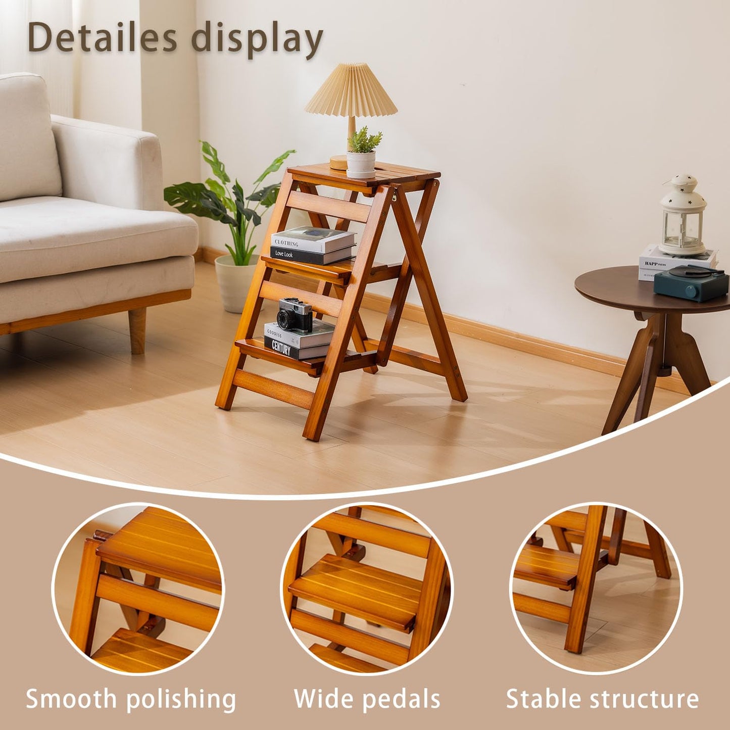 SOBIBO Wooden Step Stool, Foldable 3 Step Ladder, Solid Wood Ladder Stool for for Home, Kitchen & Garden Walnut