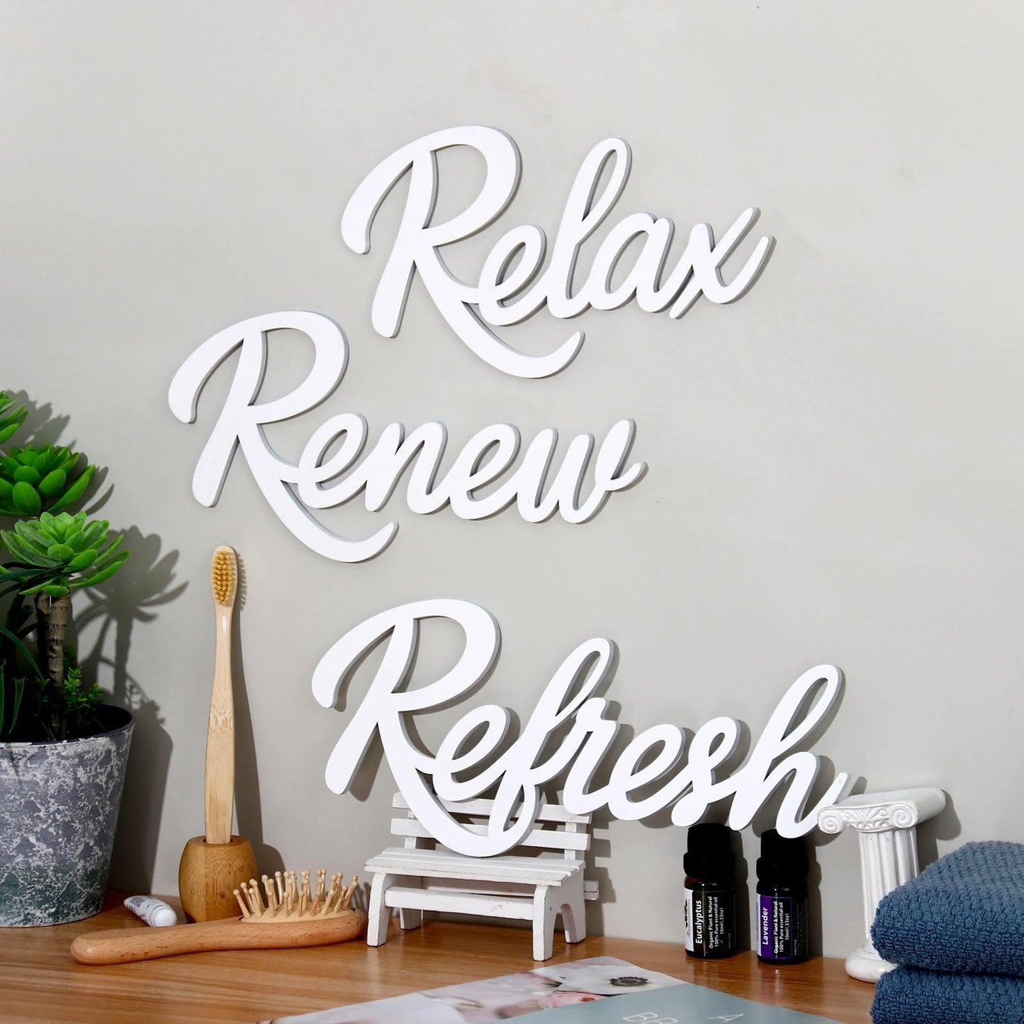 KOYILTD 3 Pieces Bathroom Decor Wooden Bathroom Sign,Relax Renew Refresh Sign (White)