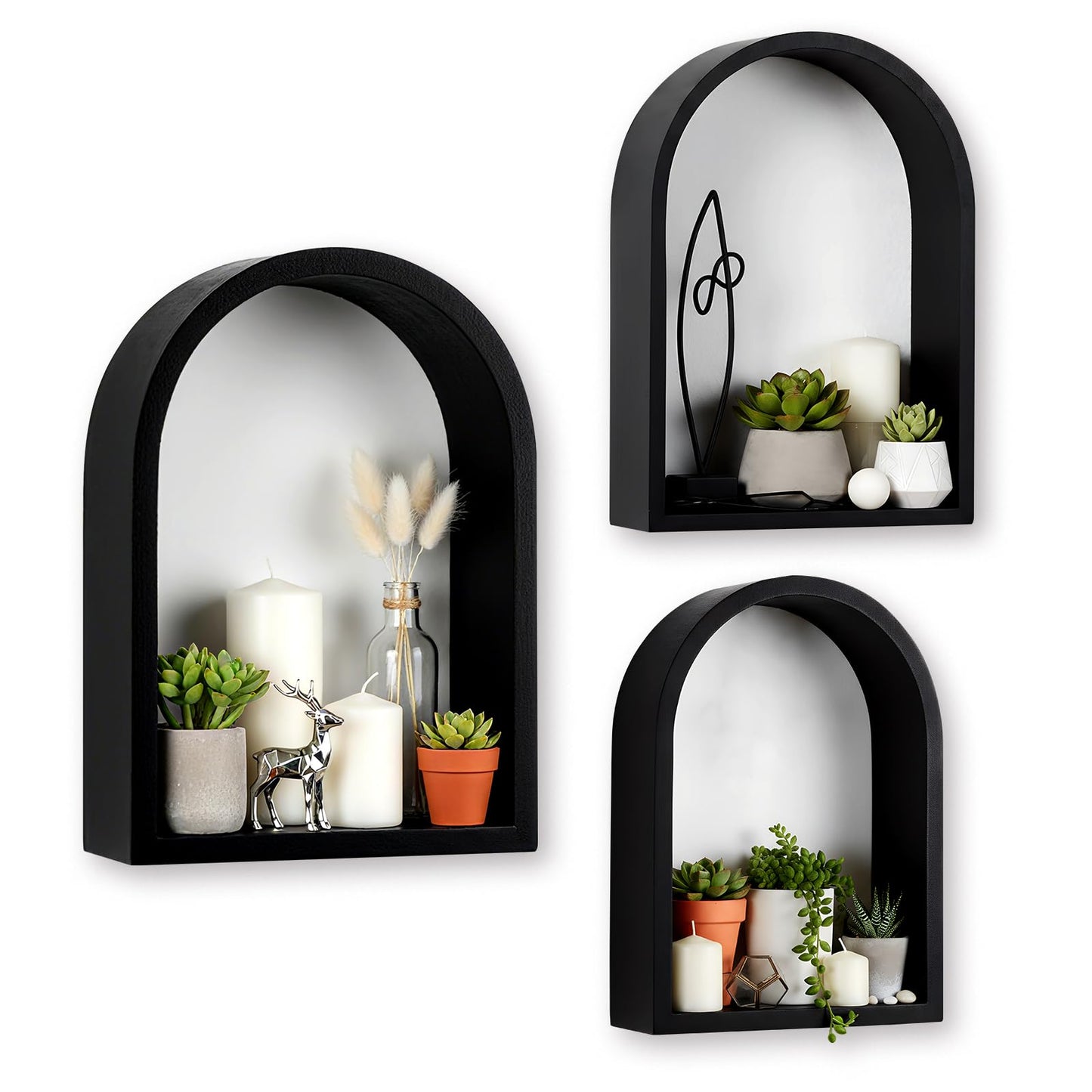 Threehoney 3 Set Wall Shelf 9.8 x 7.1 Inch Wooden Hanging Shelf Deep Display Storage Shelves Floating Shelves for Home Office Room Mini Figures Potted Plants Wall Decor(Arched,Black)