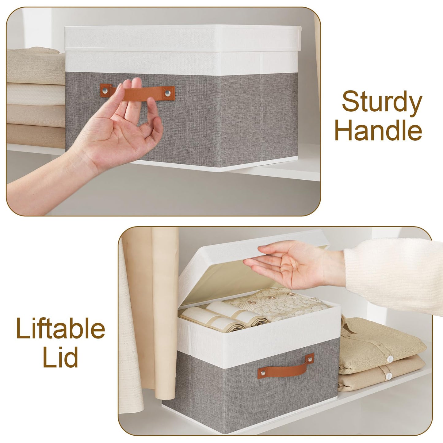 YheenLf Fabric Storage Bin, Storage Basket with Lids, Closet Organizer Box with Handles for Shoes Books Towels, White and Grey, 1 Pack, 13 x 9.1 x 7.9 Inch