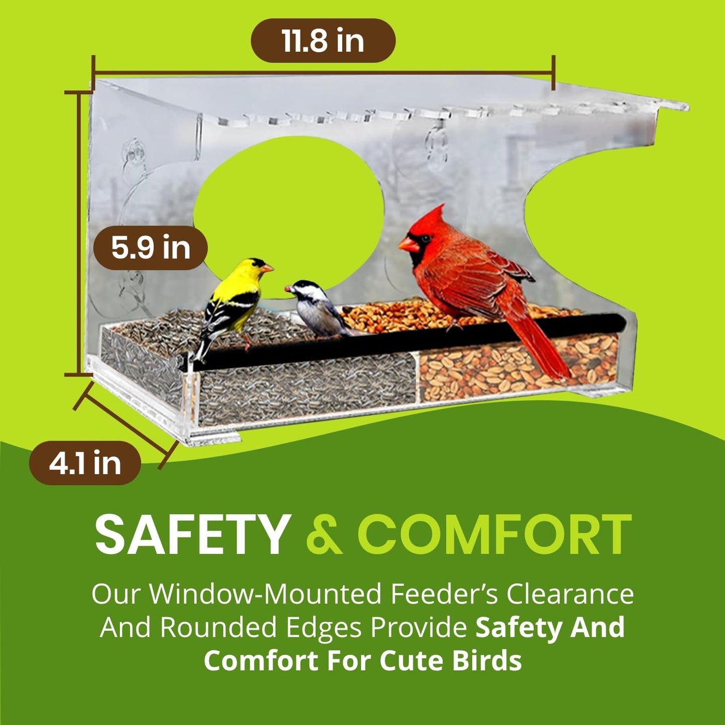 Nature Gear Acrylic Clear Window Bird Feeder with Strong Suction Cups, Removable Sliding Seed Tray, Weather-Resistant & Easy to Clean for Window Viewing, Extended