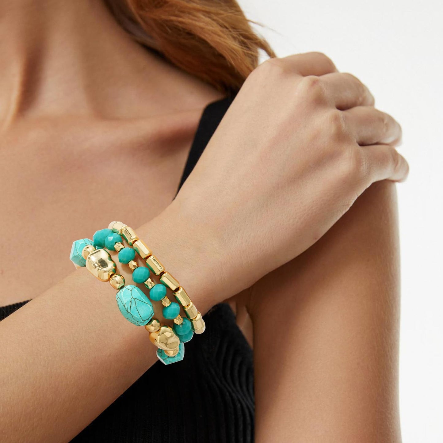 Aigrnc Boho Beaded Stretch Bracelets For Women Stackable Crystal Gold Plated Beaded Bracelets Set Trendy Handmade Friendship Braeclet Jewelry Gifts (L-Turquoise 3 pcs)