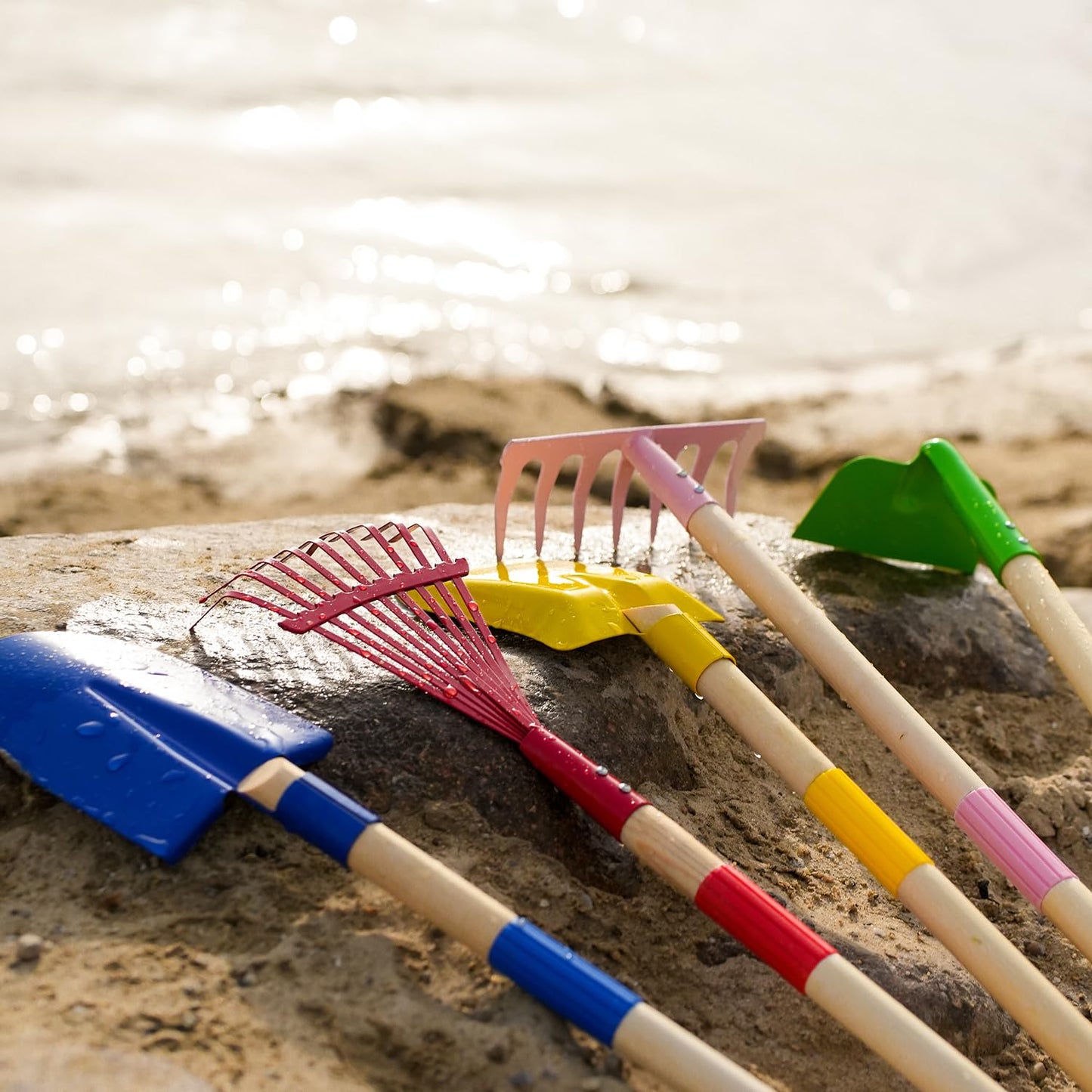 5 PCS 28" Detatchble Kids Gardening Tools, Metal Beach Digging Toys with Sturdy Wooden Handle, Safe Backyard Snow Sensory Playset Including Hoe, Tooth & Leaf Rakes, Flat & Pointed Shovels for Children