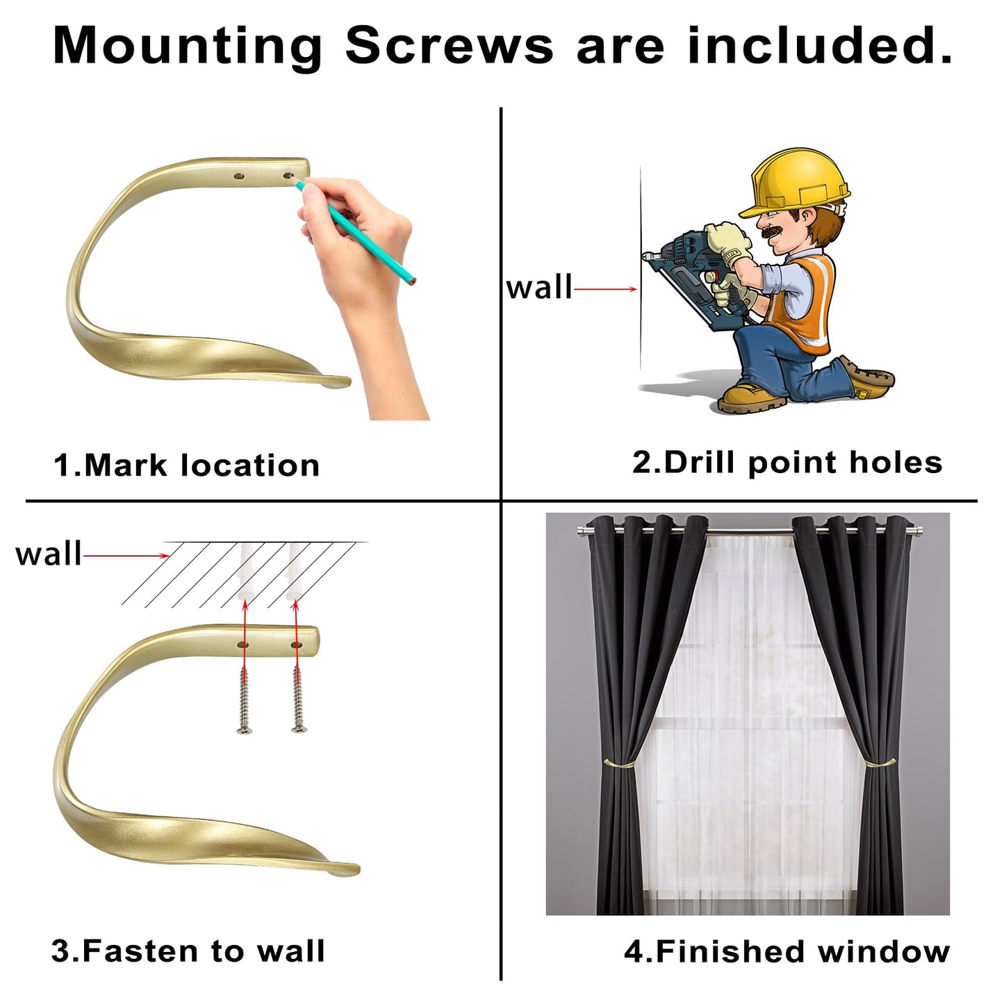 Sumnacon 2 Pcs Aluminum Alloy Curtain Holdbacks - Decorative Wall Mounted Drapery Tiebacks with Screws, Heavy Duty Window Treatment Holdbacks for Home Decor, Gold